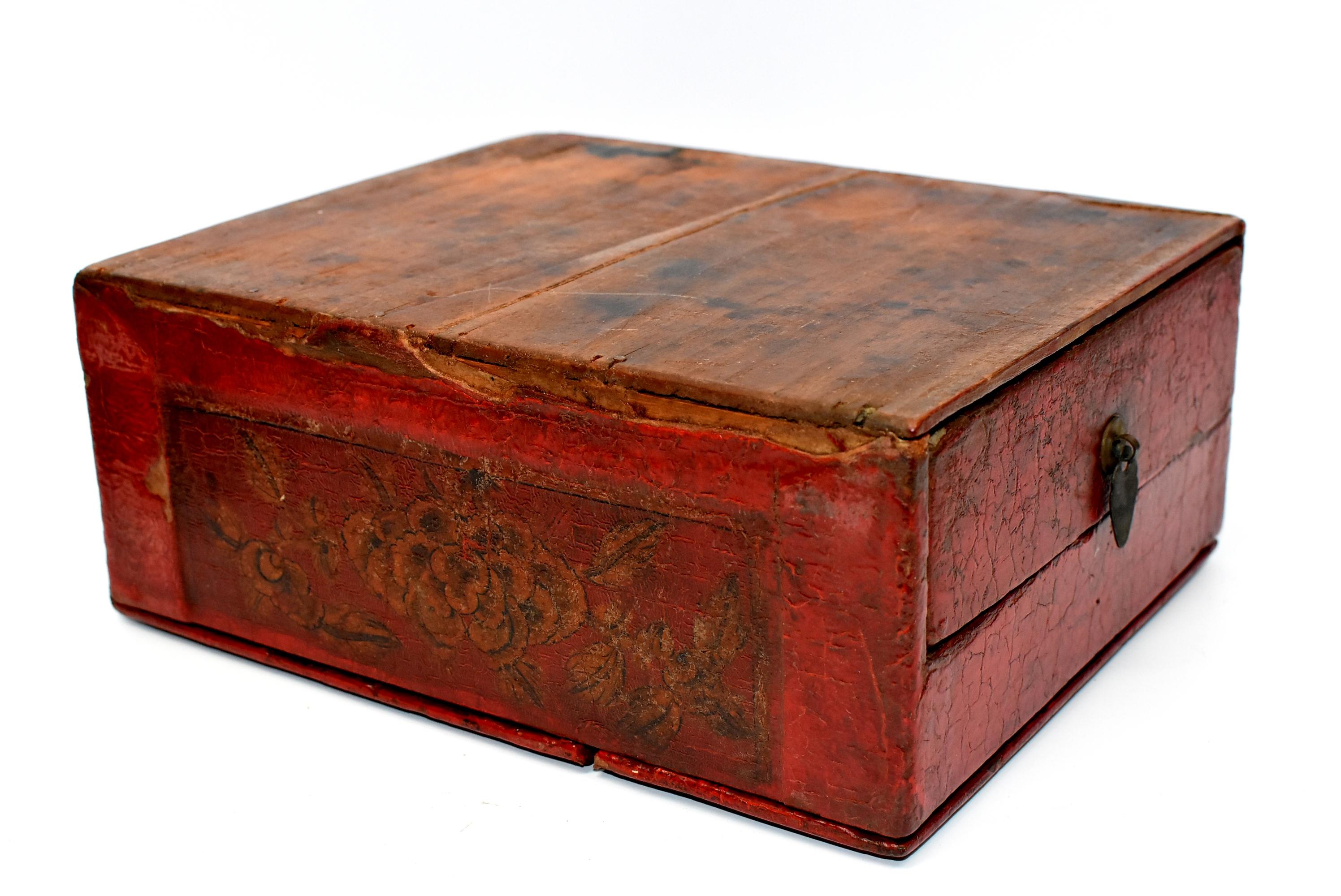 Chinese Antique Jewelry Box, Wood and Leather 13