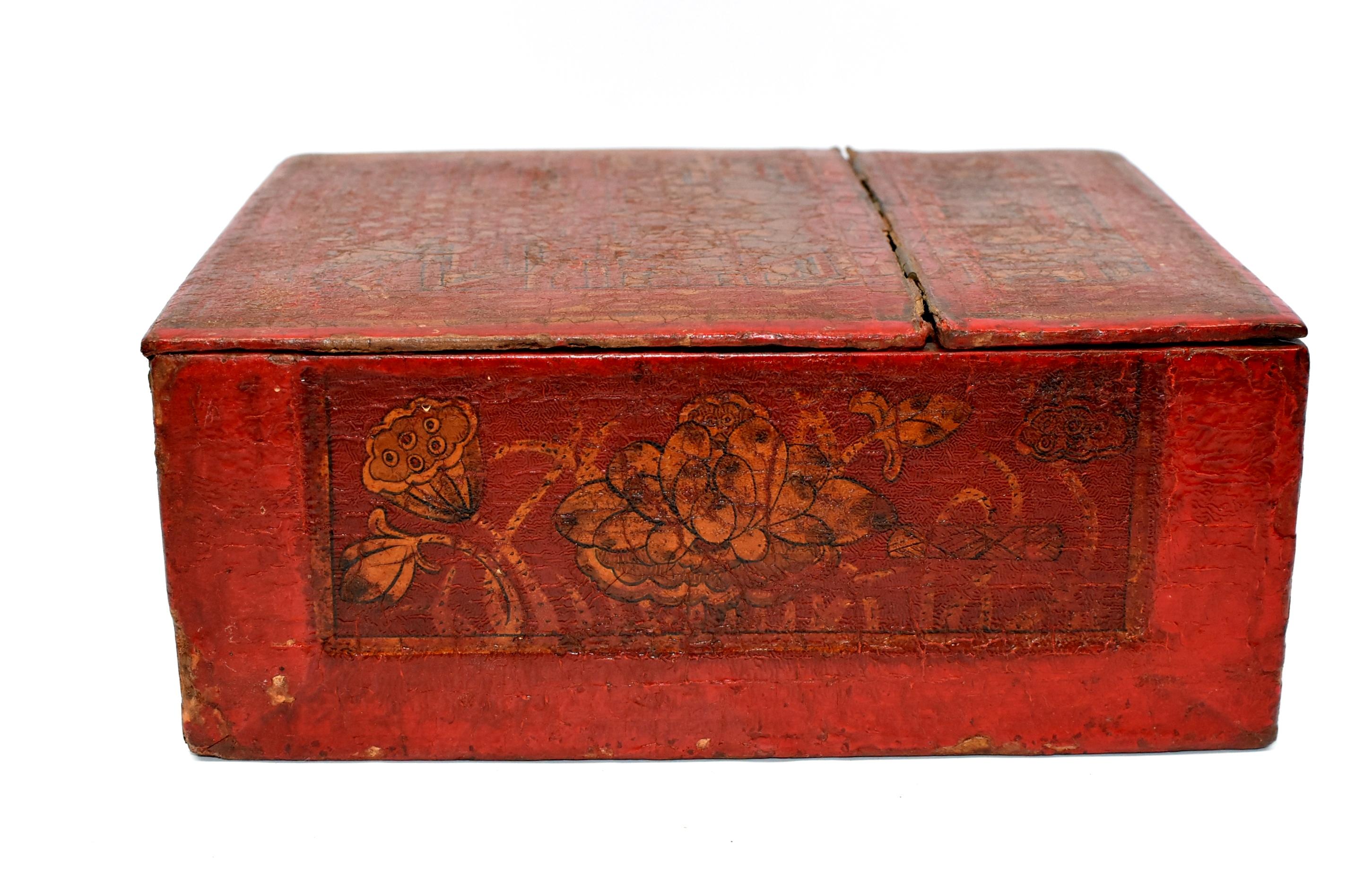 Chinese Antique Jewelry Box, Wood and Leather 14