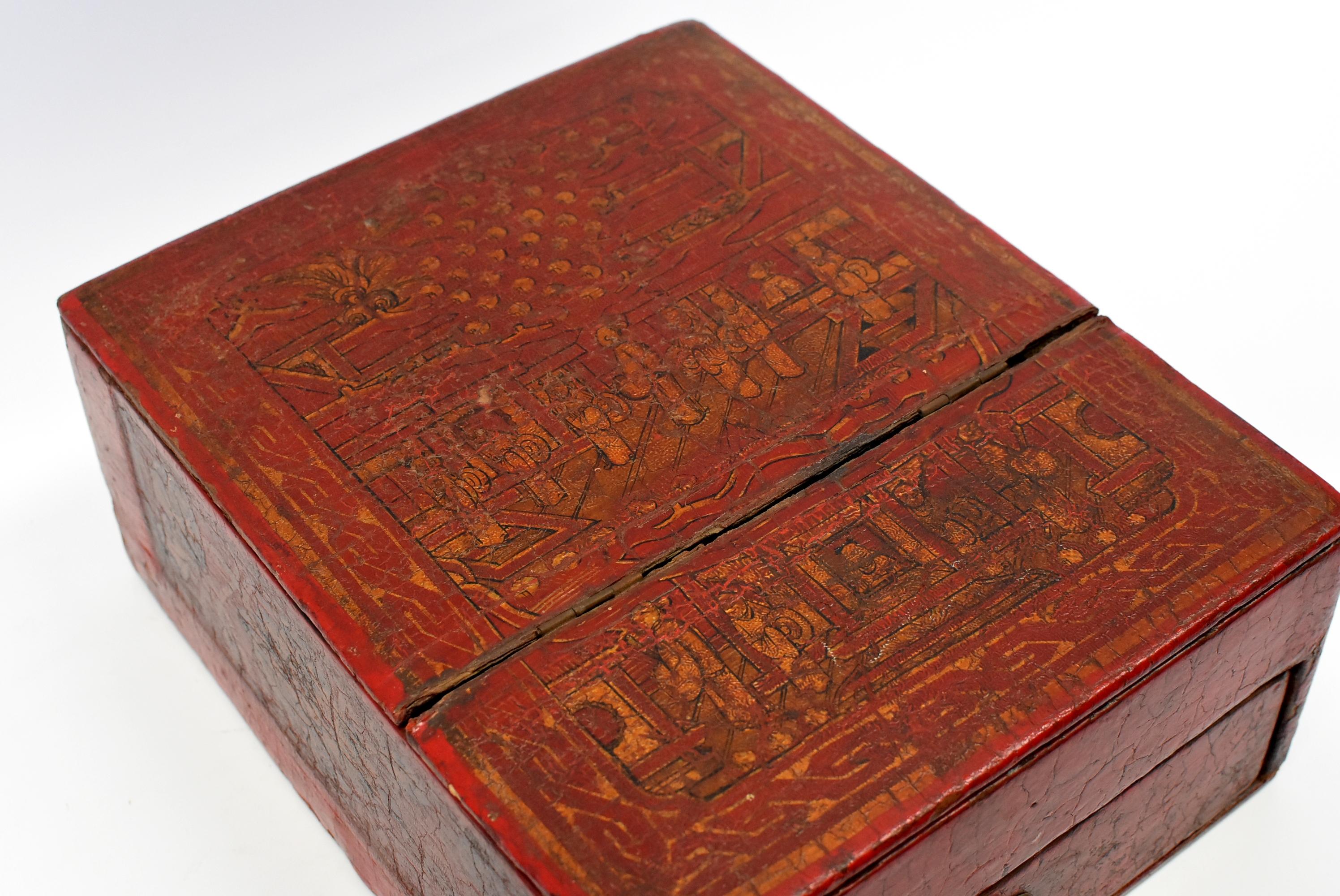 19th Century Chinese Antique Jewelry Box, Wood and Leather