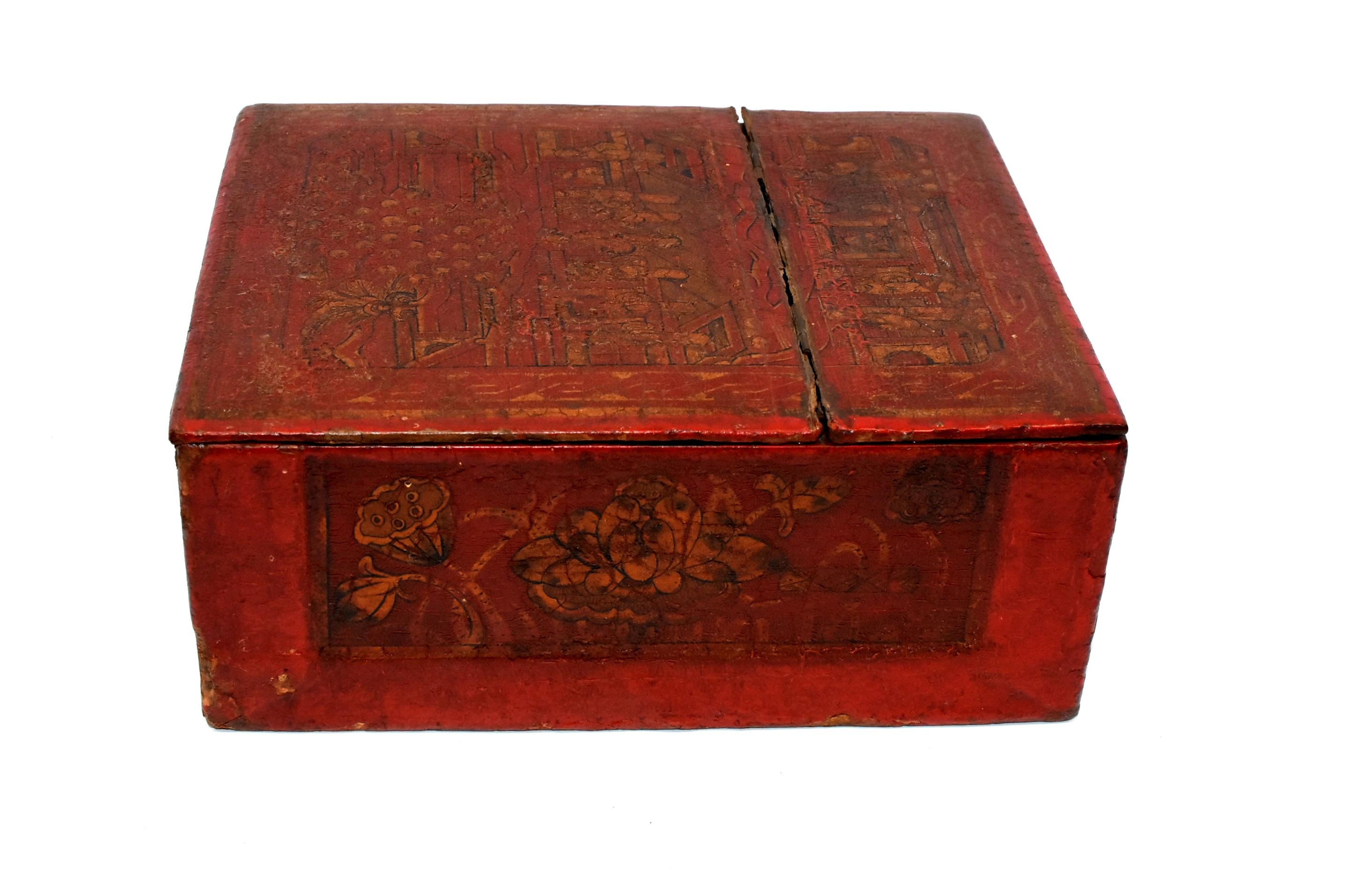 Chinese Antique Jewelry Box, Wood and Leather 1