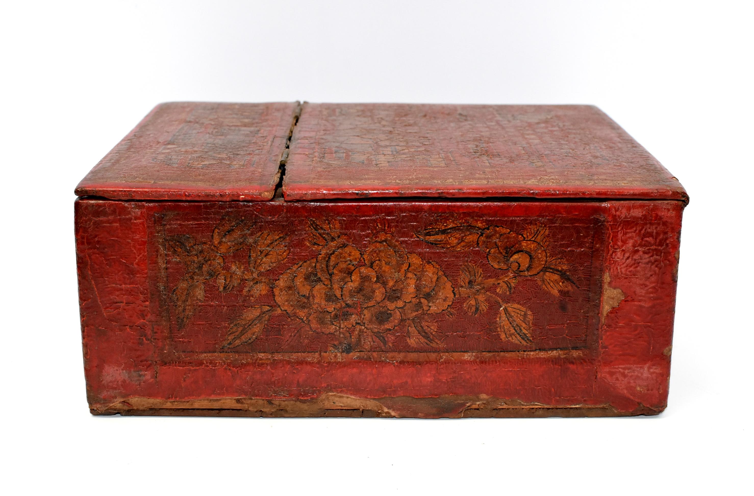 Chinese Antique Jewelry Box, Wood and Leather 2