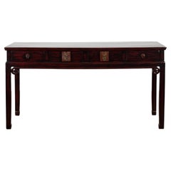 Chinese Antique Lacquered Wooden Desk with Four Drawers and Curling Scrolls