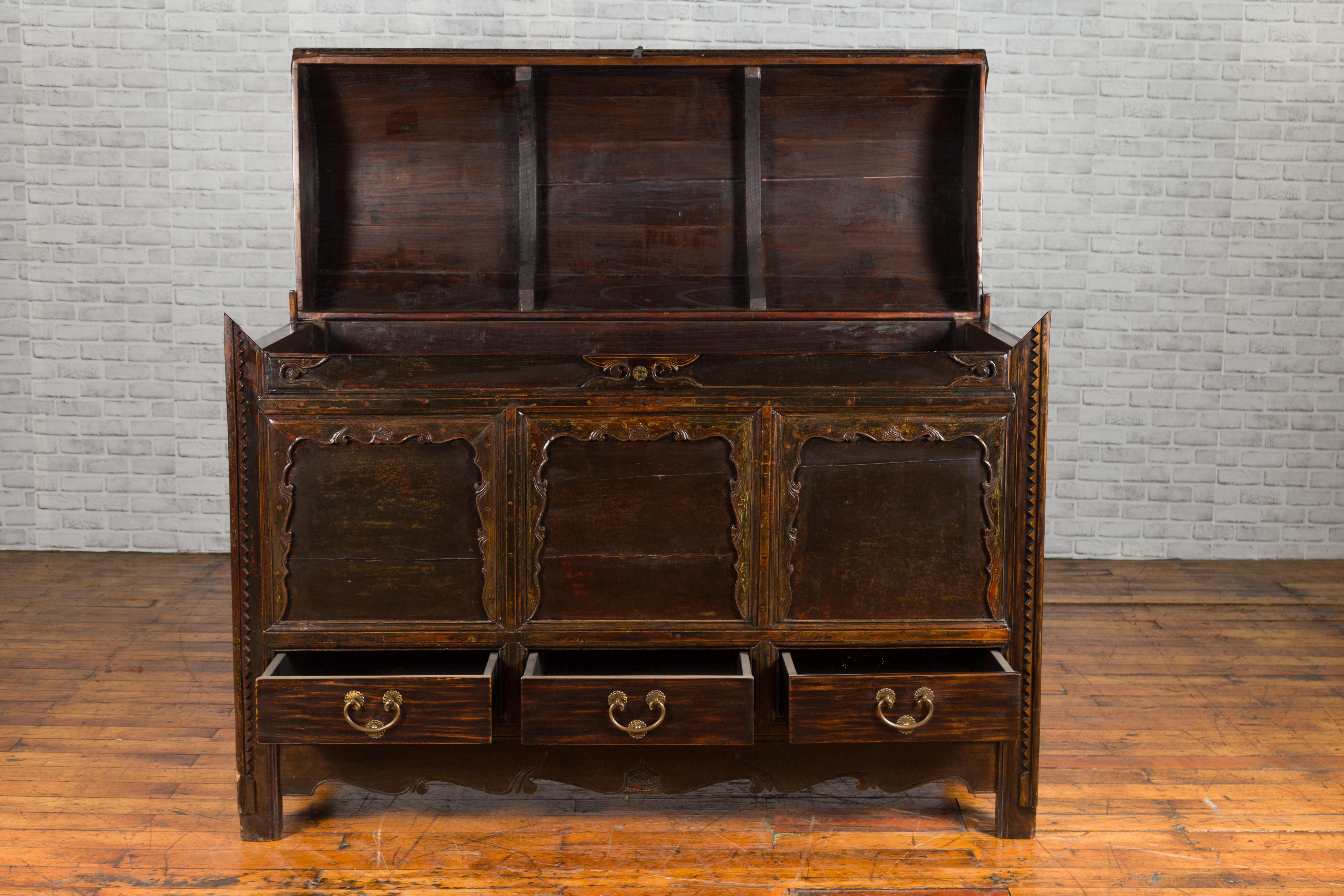 Chinese Antique Large Dowry Chest with Arching Lid, Carved Panels and Drawers For Sale 6