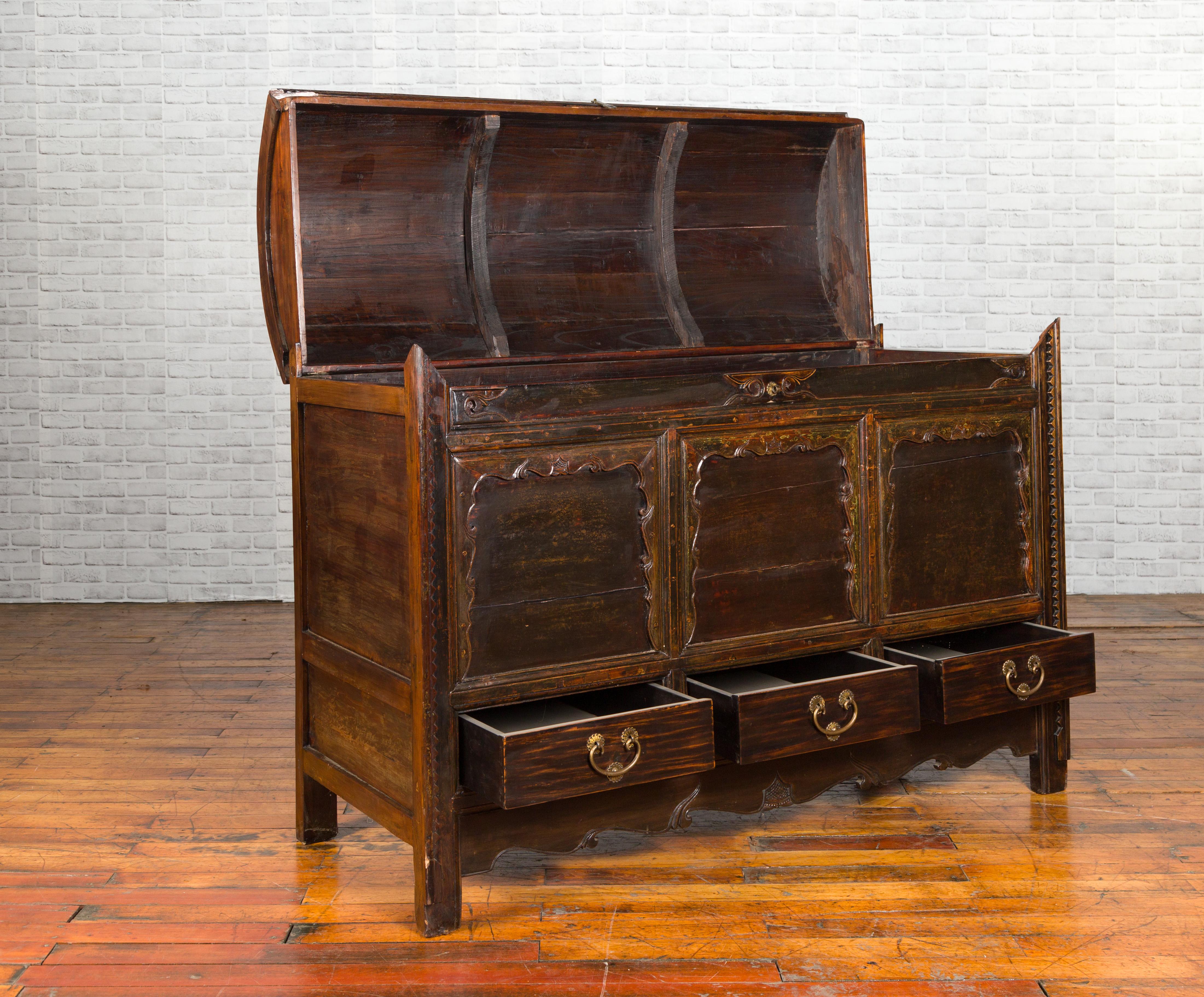 Chinese Antique Large Dowry Chest with Arching Lid, Carved Panels and Drawers For Sale 7