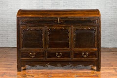 Late Qing Dynasty Large Dowry Chest with Arching Lid, Carved Panels and Drawers