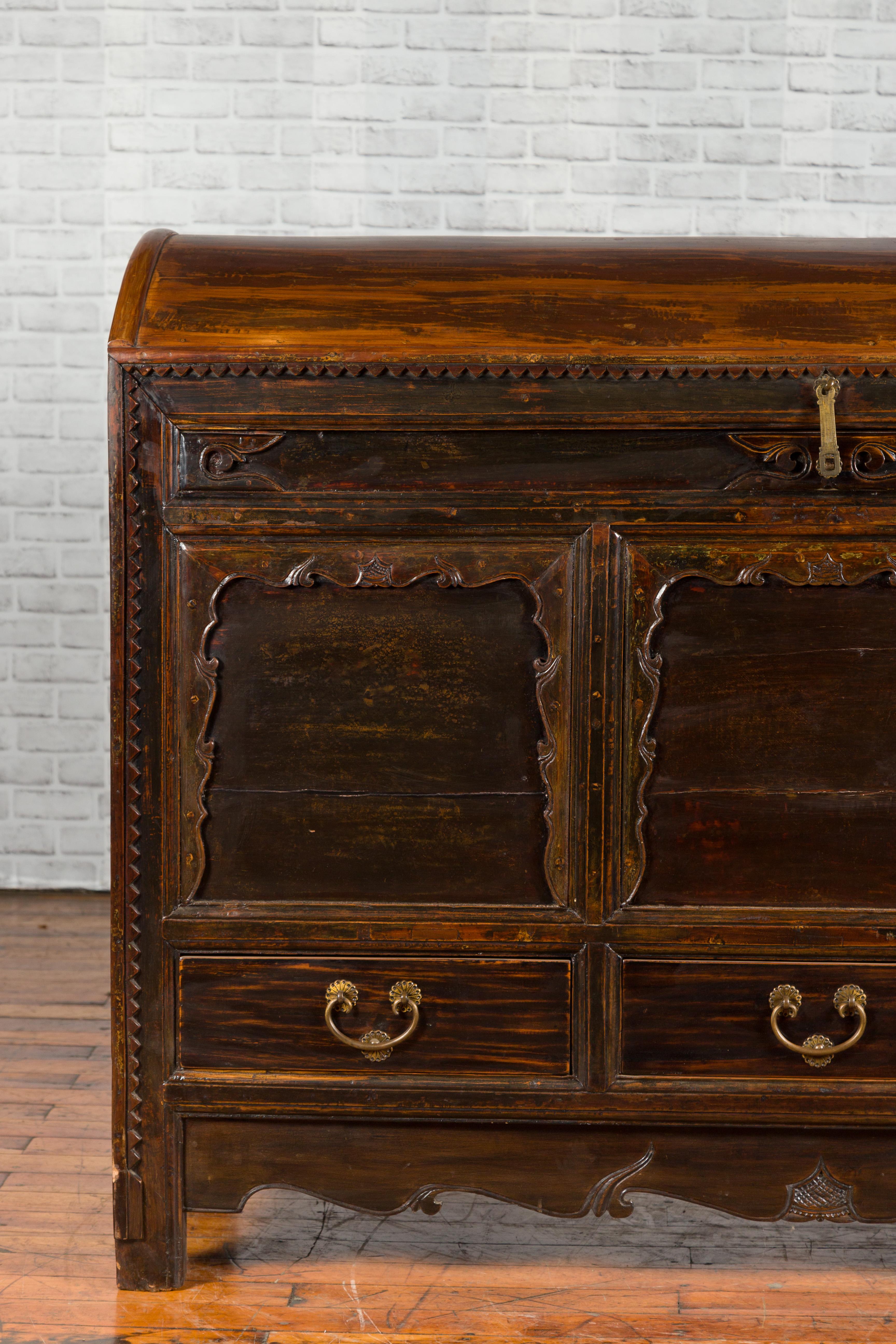 Brass Chinese Antique Large Dowry Chest with Arching Lid, Carved Panels and Drawers For Sale