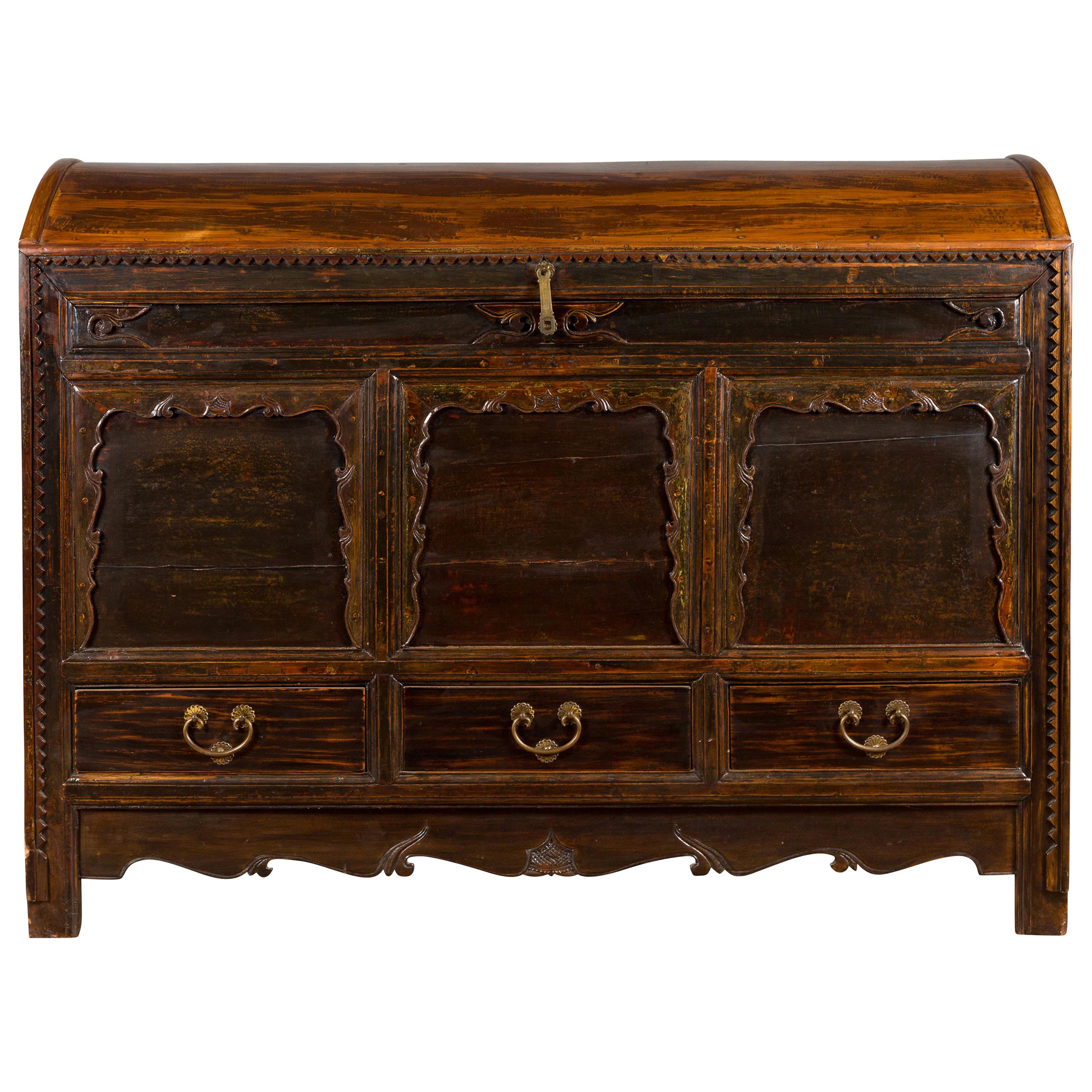 Chinese Antique Large Dowry Chest with Arching Lid, Carved Panels and Drawers For Sale