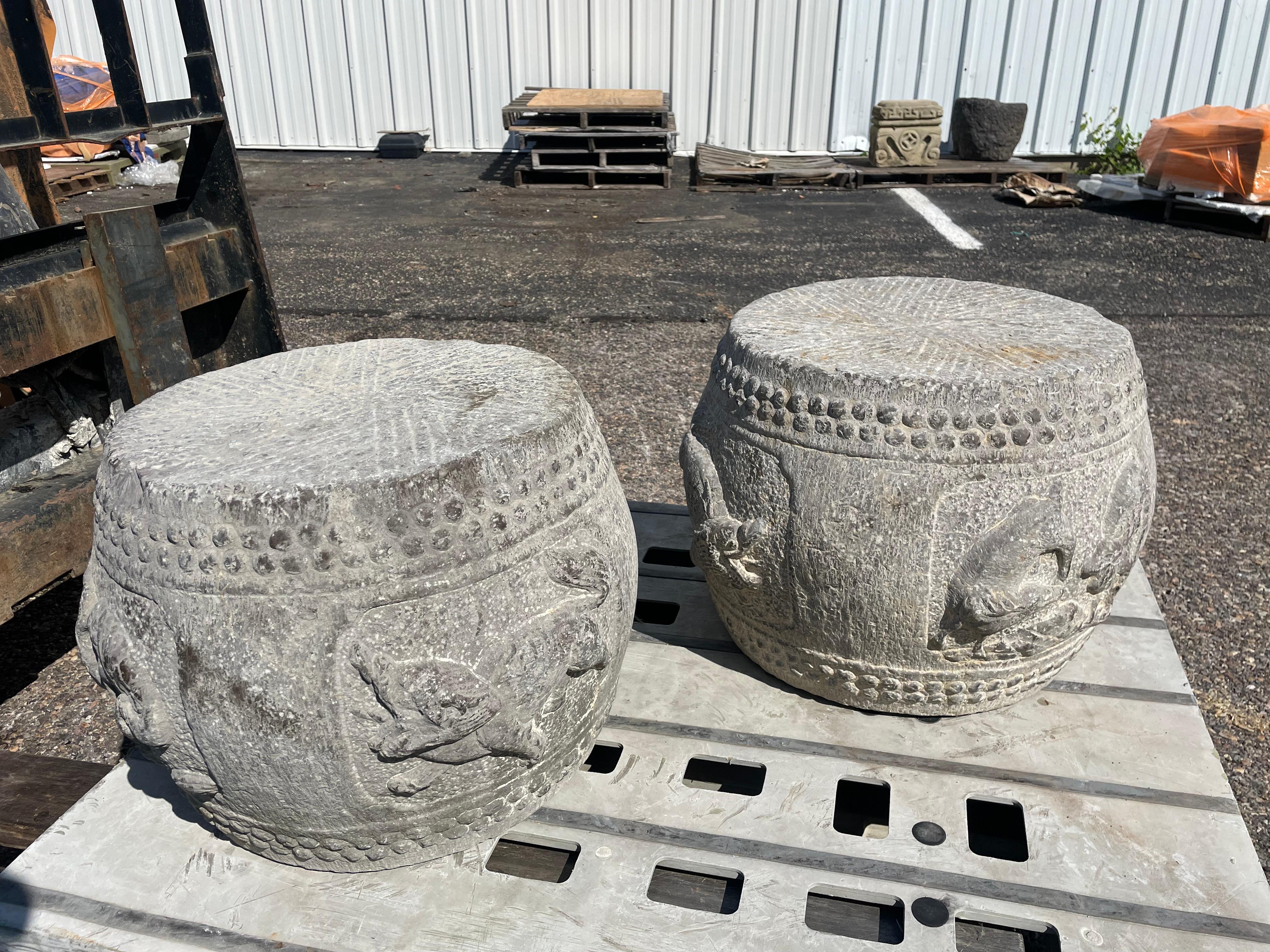 Chinese Antique Large Qing Hand Carved Stone Drum Stool Display Pedestal, 19c. For Sale 10