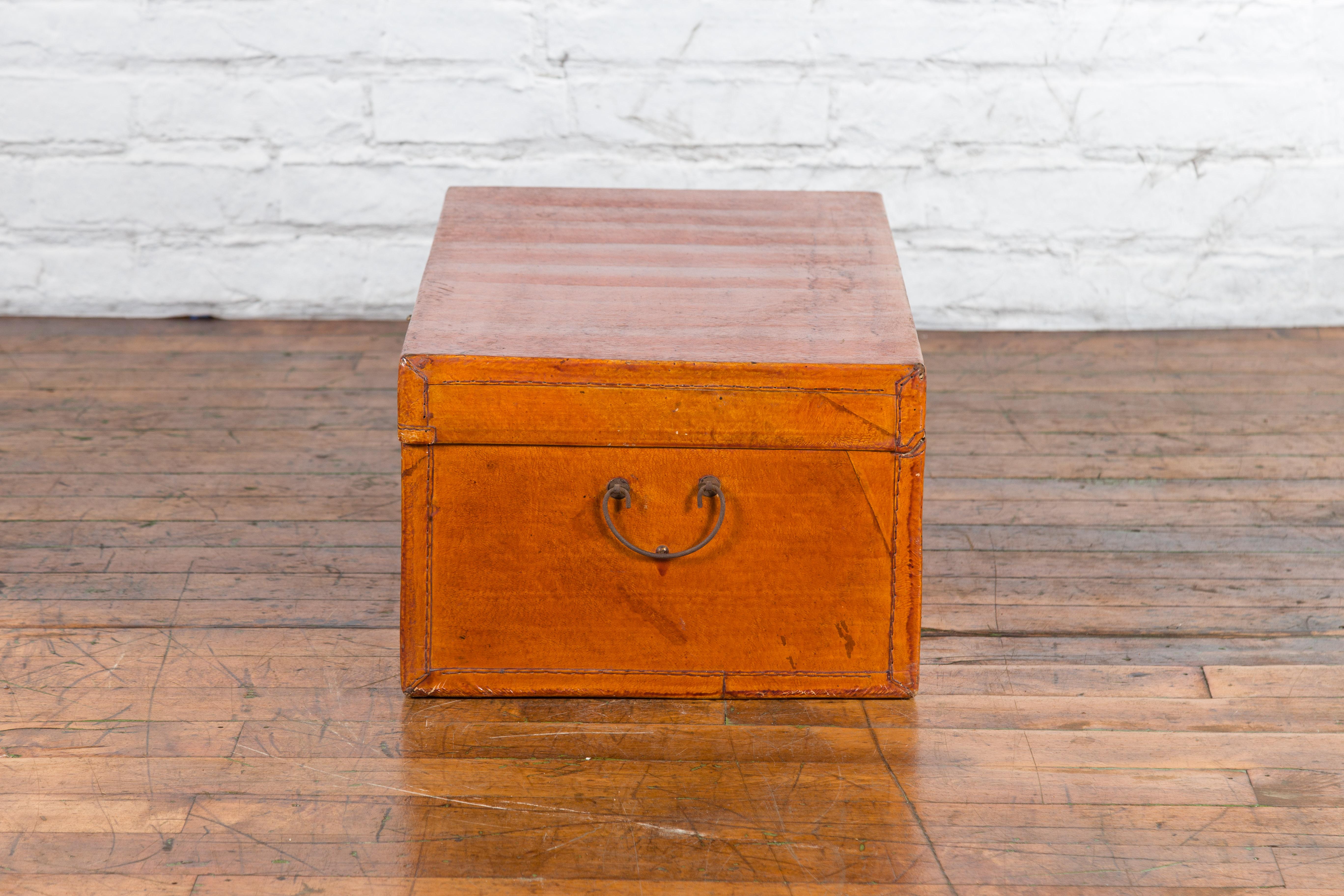 Chinese Antique Leather and Brass Trunk with Original Lacquer and Calligraphy For Sale 8