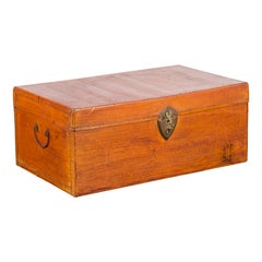 Chinese Antique Leather and Brass Trunk with Original Lacquer and Calligraphy