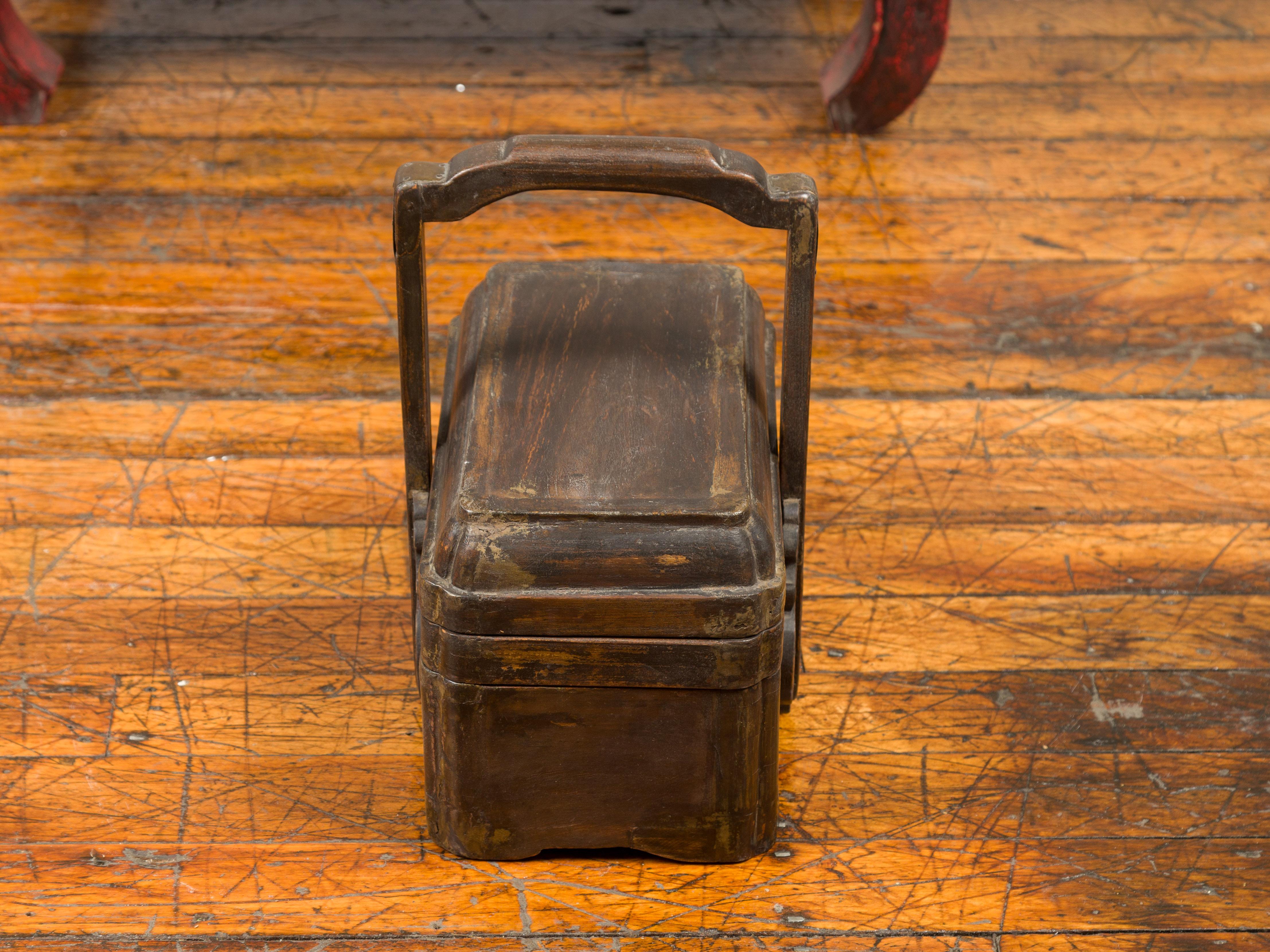 Qing Chinese Antique Lidded Lunch Box with Volutes, Handle and Distressed Finish For Sale