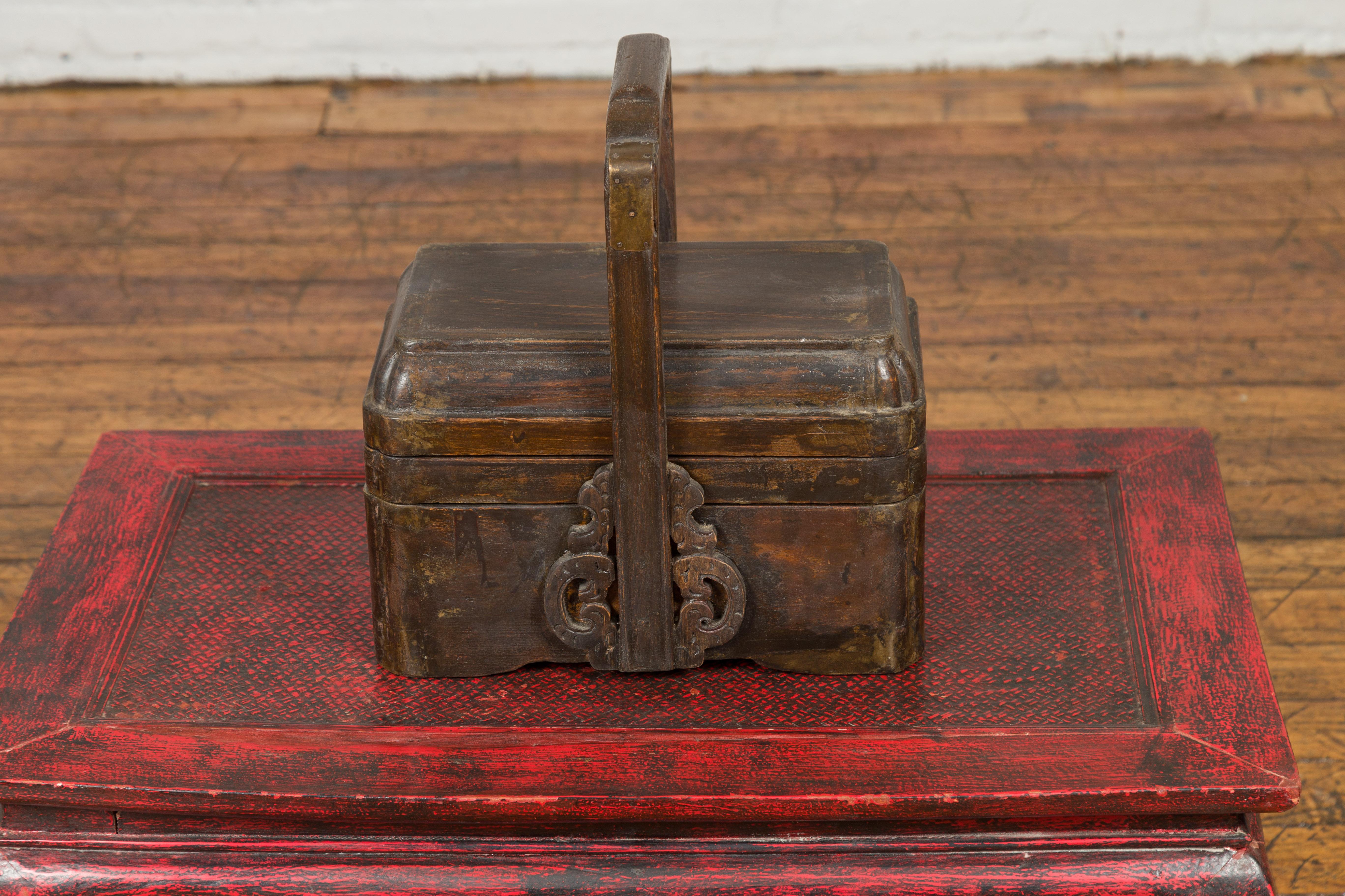 Chinese Antique Lidded Lunch Box with Volutes, Handle and Distressed Finish In Good Condition For Sale In Yonkers, NY