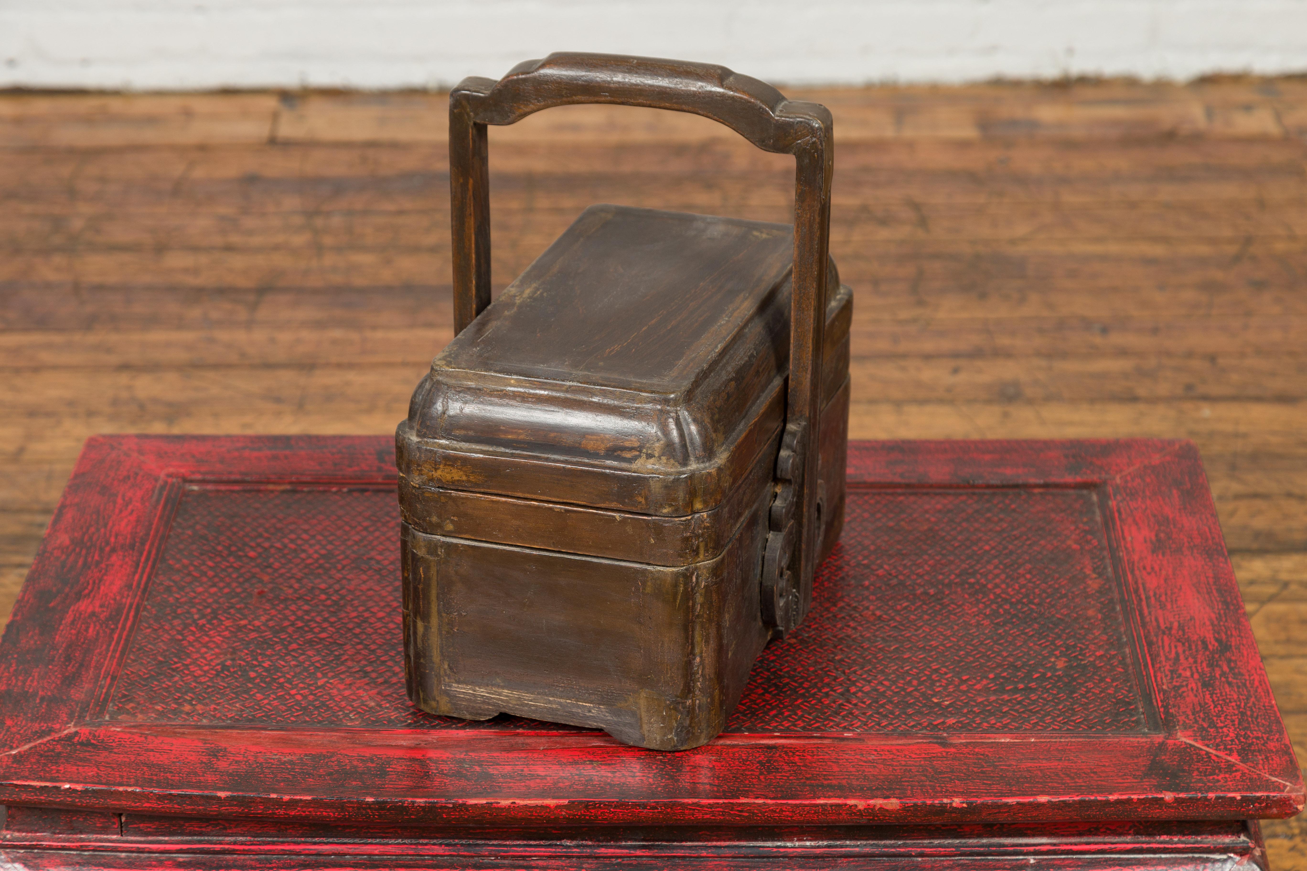 20th Century Chinese Antique Lidded Lunch Box with Volutes, Handle and Distressed Finish For Sale