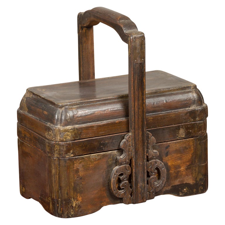 Chinese Antique Lidded Lunch Box with Volutes, Handle and Distressed