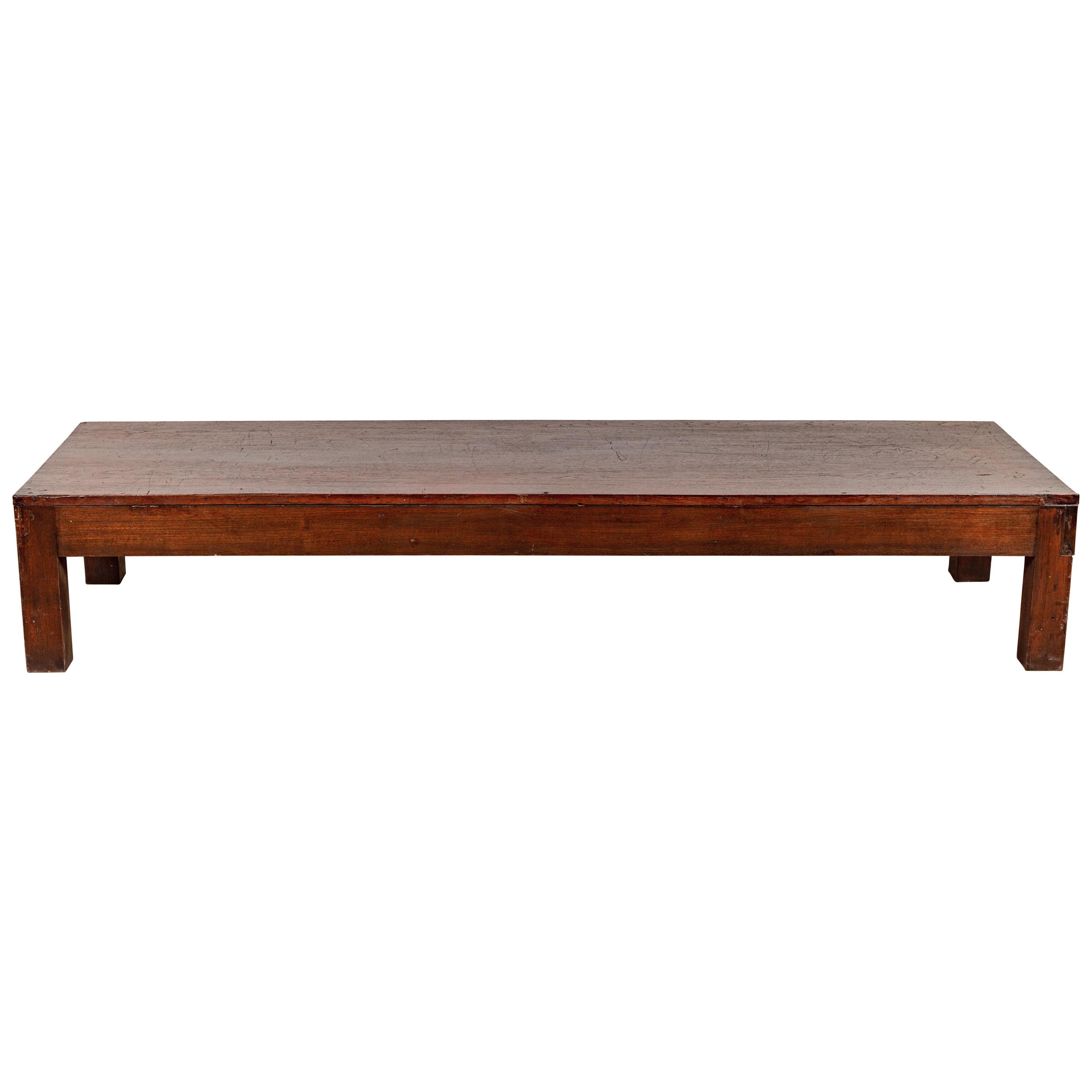 Chinese Antique Long Low Prayer Table with Walnut Patina and Square Legs