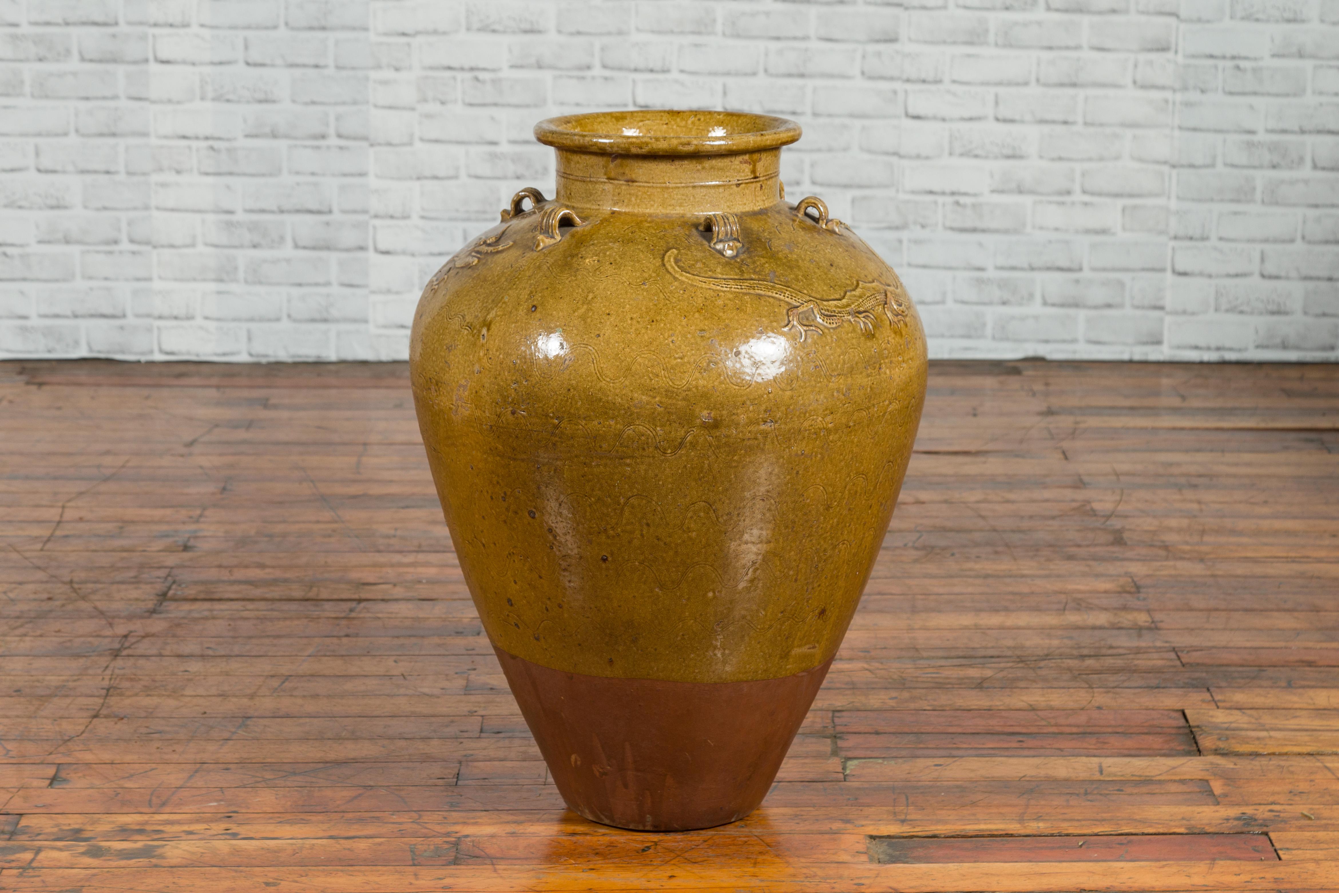 Chinese Antique Martaban Water Jar with Dragon Motifs and Ocher Glaze For Sale 1