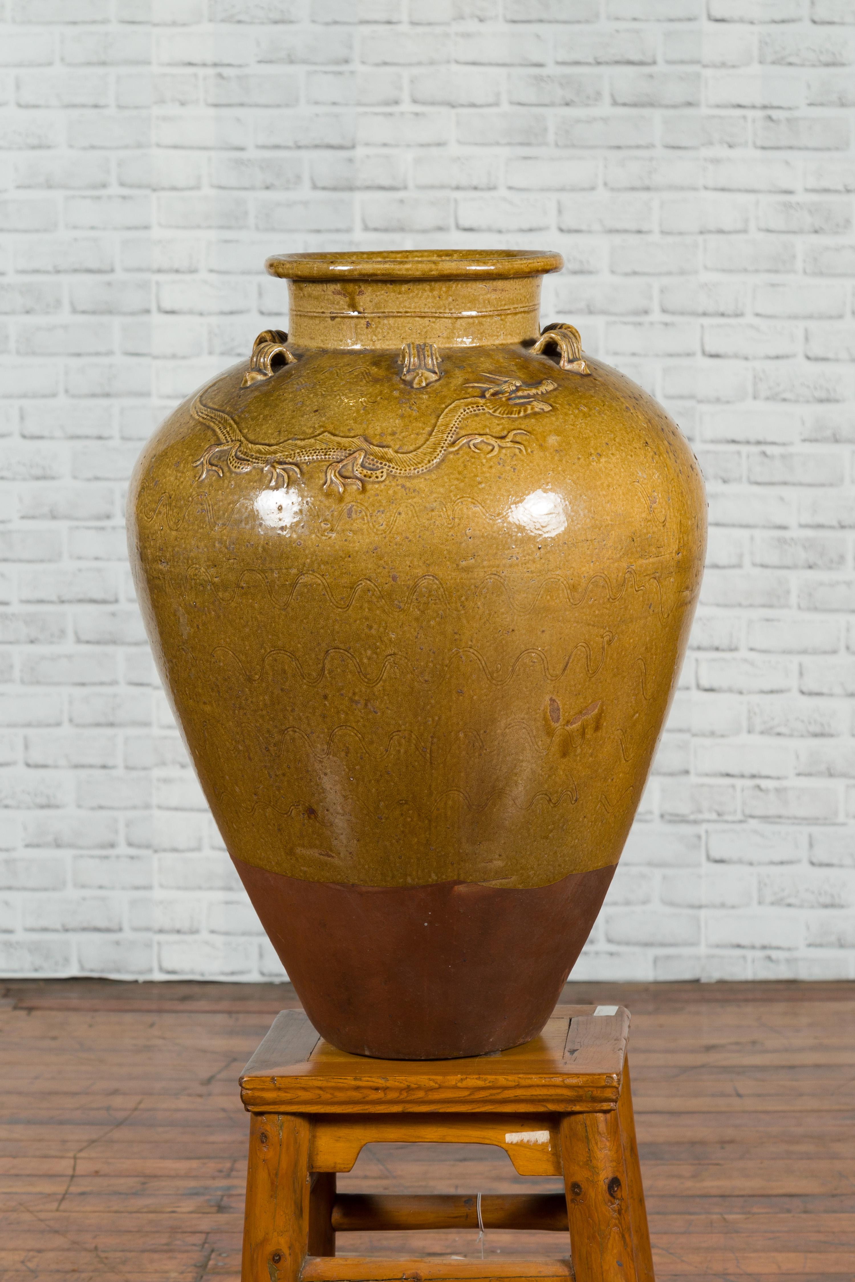 Chinese Antique Martaban Water Jar with Dragon Motifs and Ocher Glaze For Sale 2