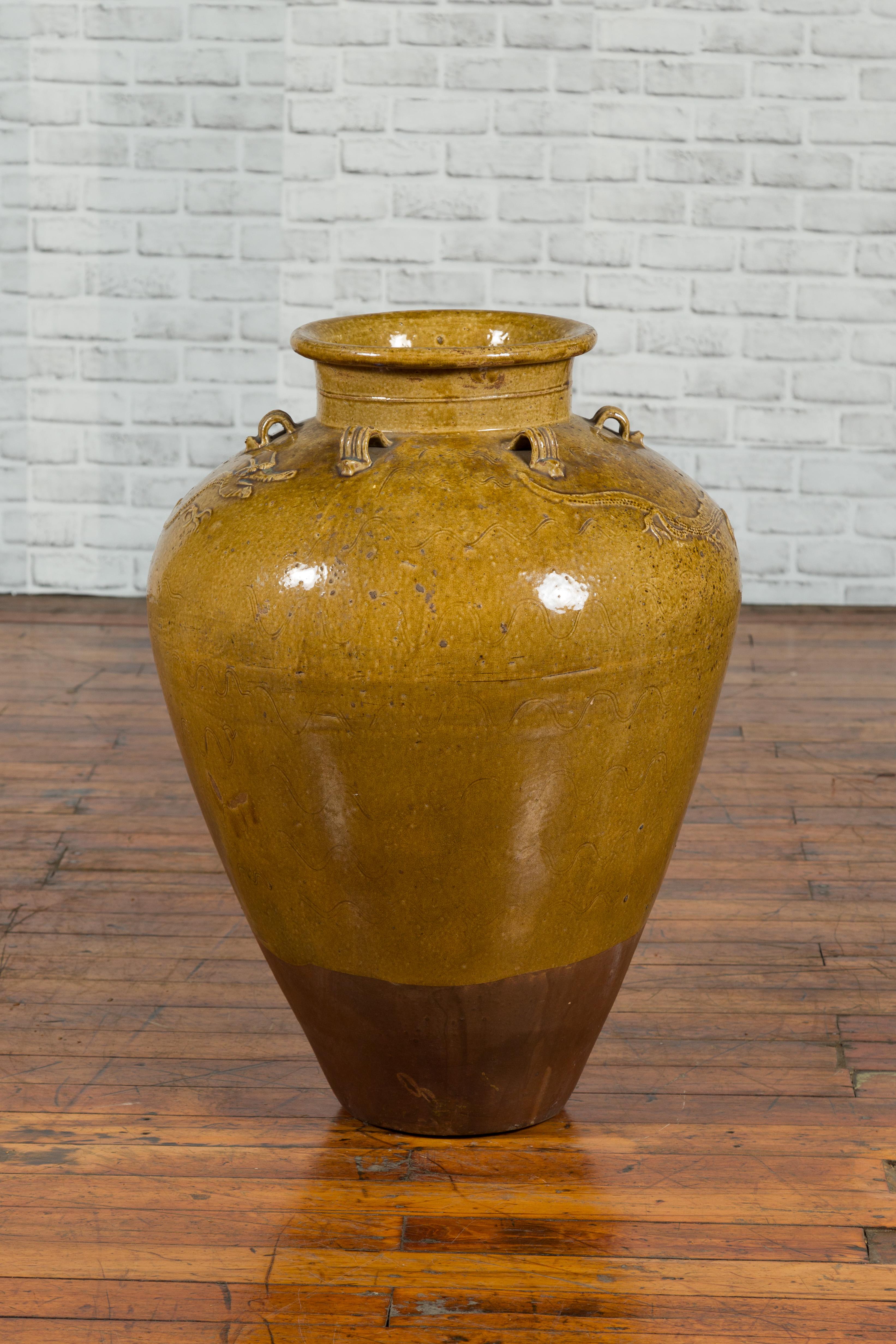 19th Century Chinese Antique Martaban Water Jar with Dragon Motifs and Ocher Glaze For Sale