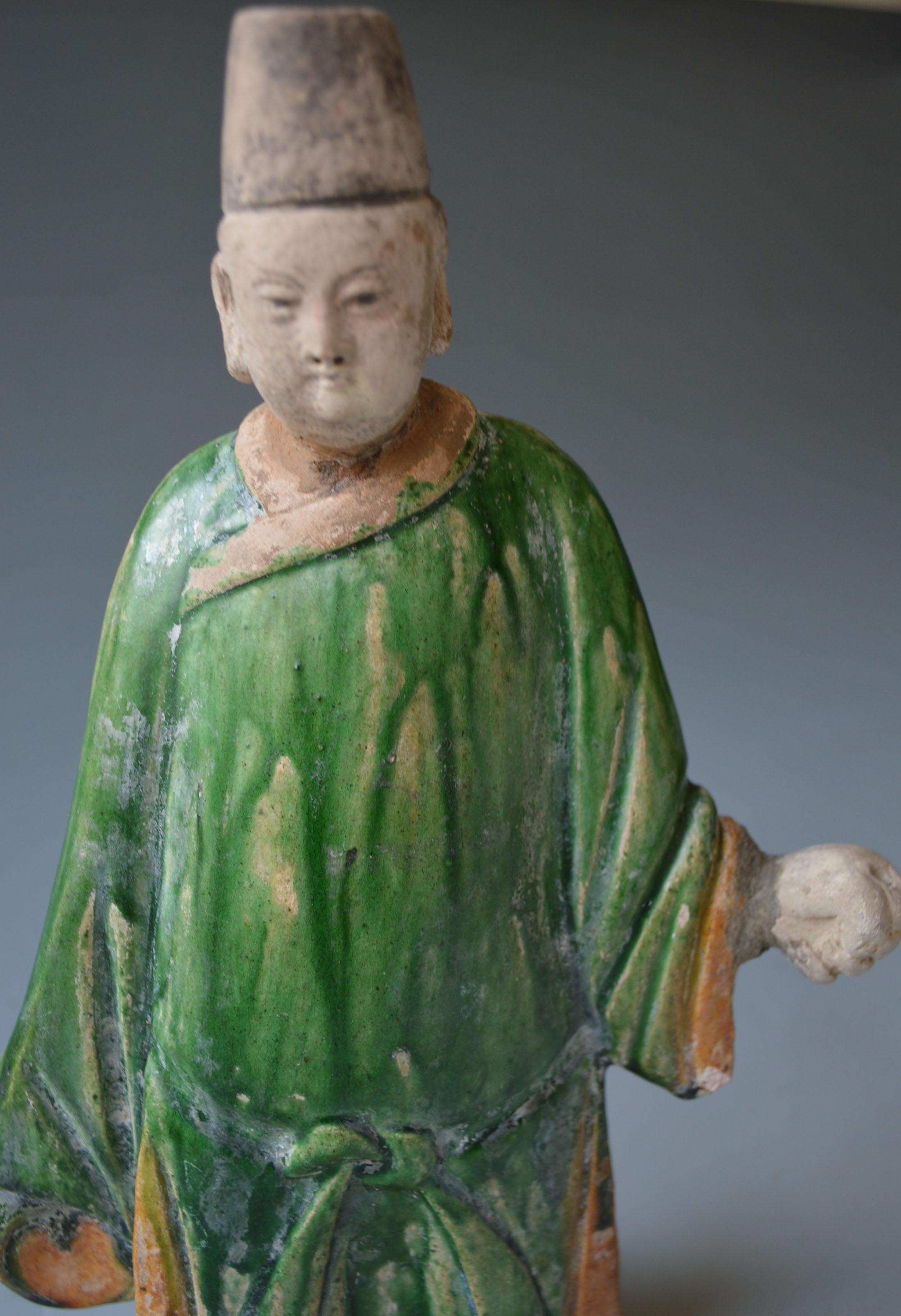 Hand-Painted Chinese Antique Ming Dynasty Glazed Pottery Figure circa 16th Century AD For Sale