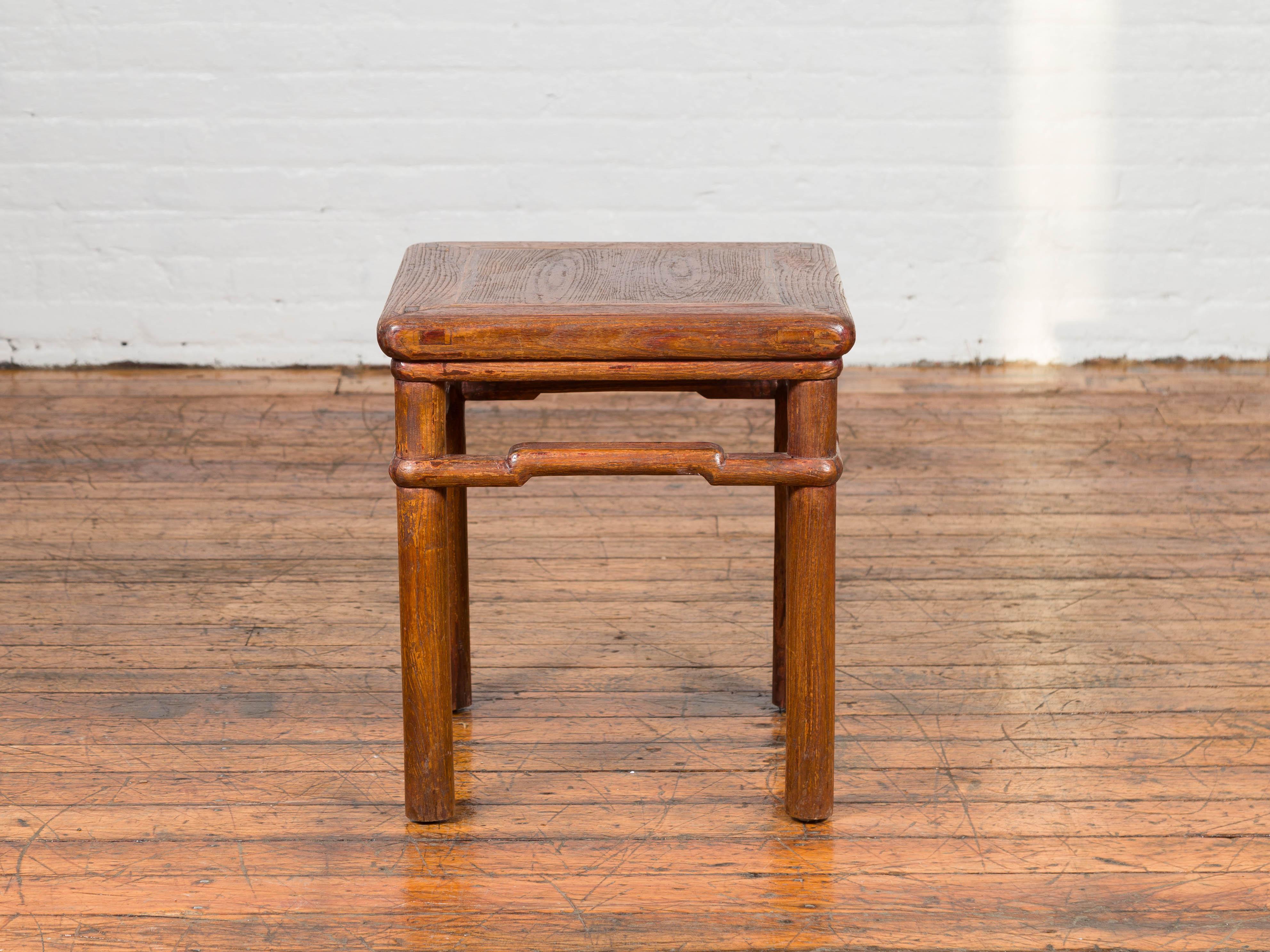 20th Century Chinese Antique Ming Style Distressed Wood Side Table with Humpback Stretcher