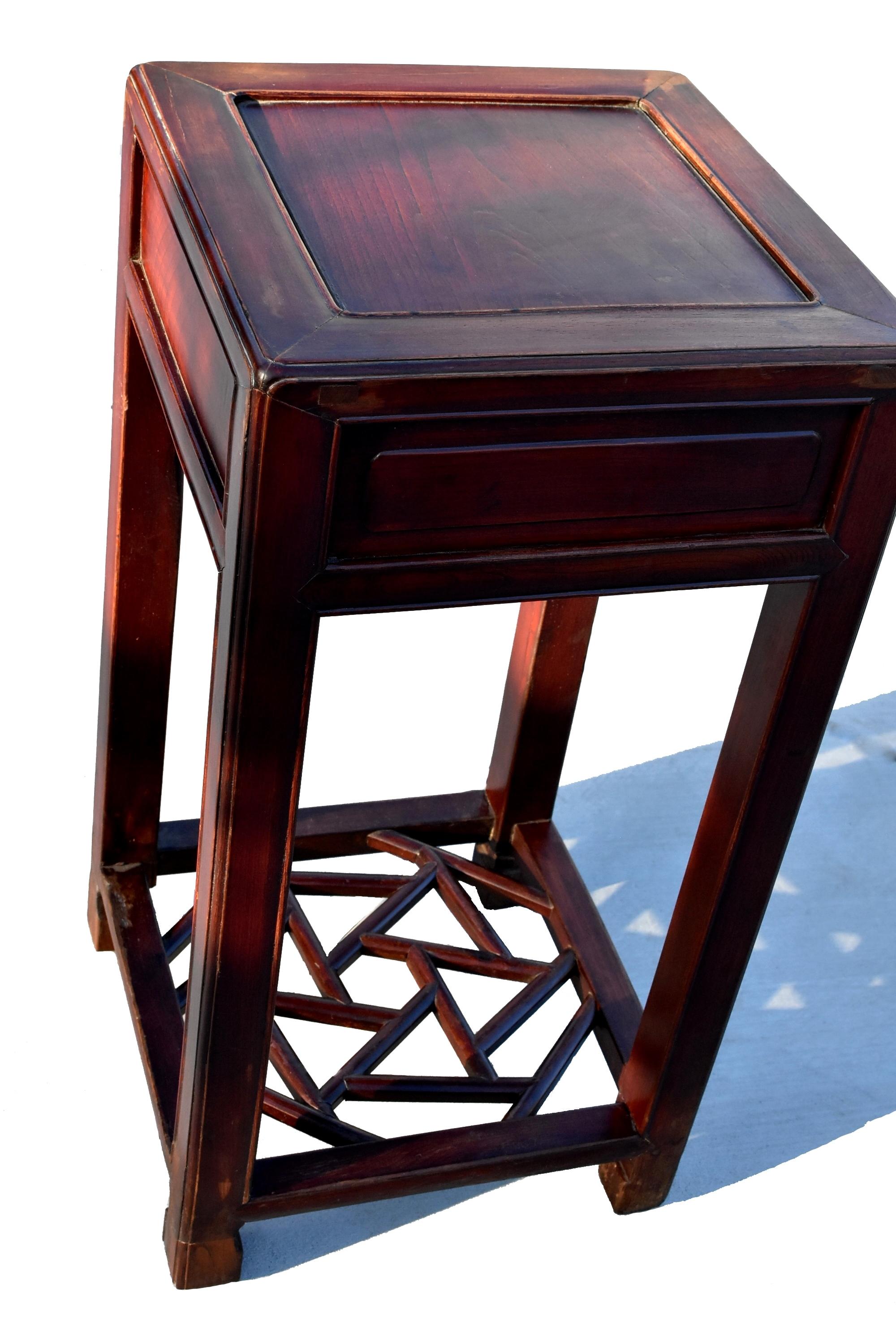 A beautiful 19th century solid wood side table. Mitered, Tenon and mortise, no-nail construction. Rimmed top, ice crackle screen base with hoof feet. A Classic Ming dynasty southern Chinese design.