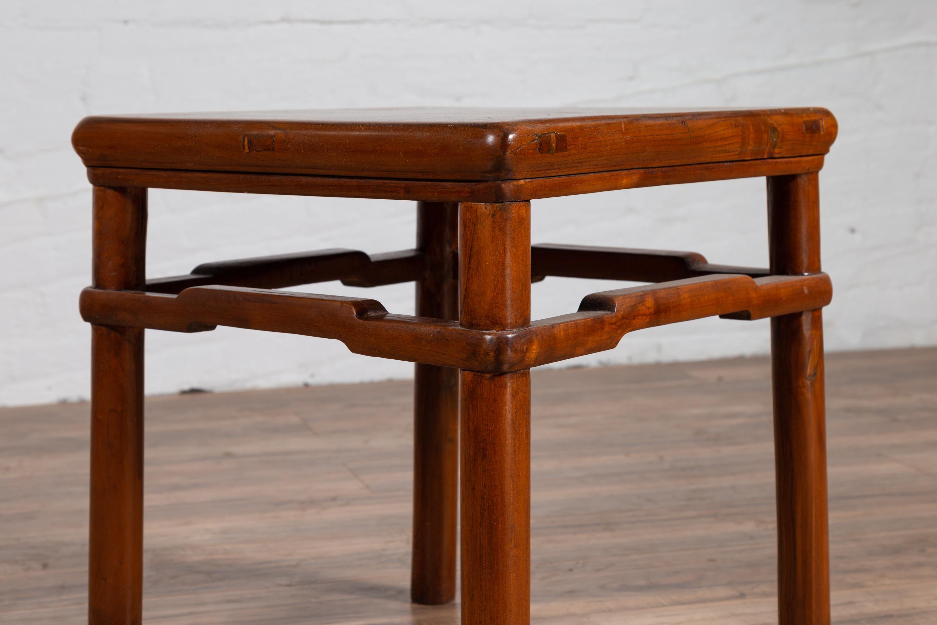 Chinese Antique Ming Style Side Table with Humpback Stretcher and Brown Patina For Sale 5