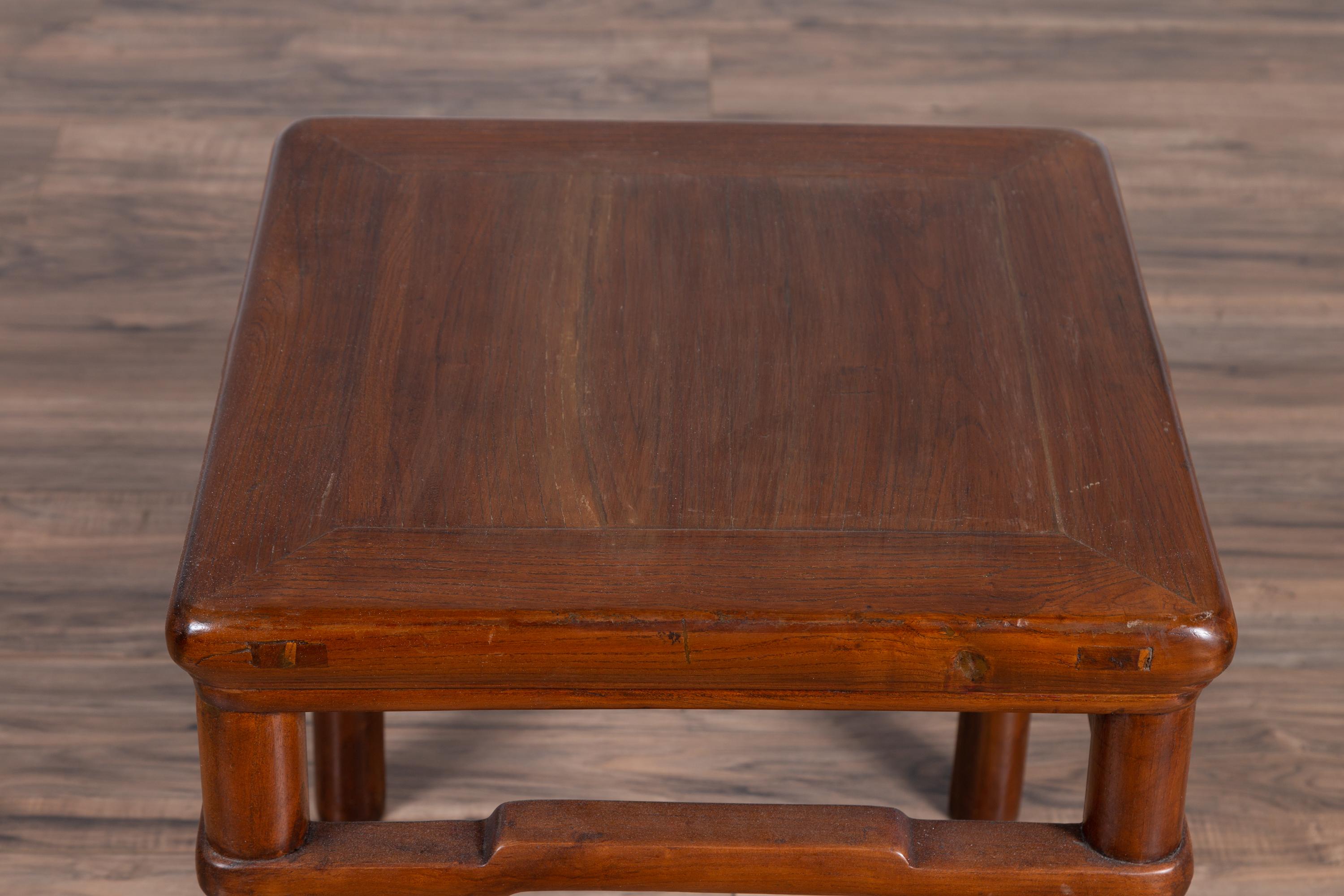 20th Century Chinese Antique Ming Style Side Table with Humpback Stretcher and Brown Patina For Sale