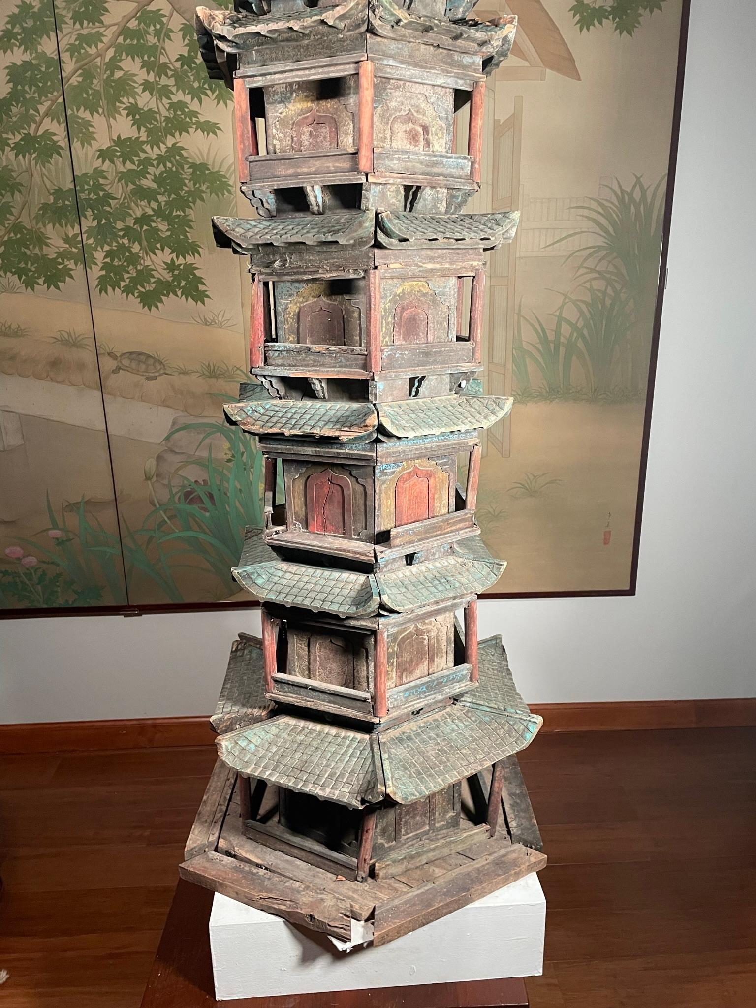 Chinese Antique Monumental Buddhist Wooden Pagoda Tower, 70 Inches  For Sale 8