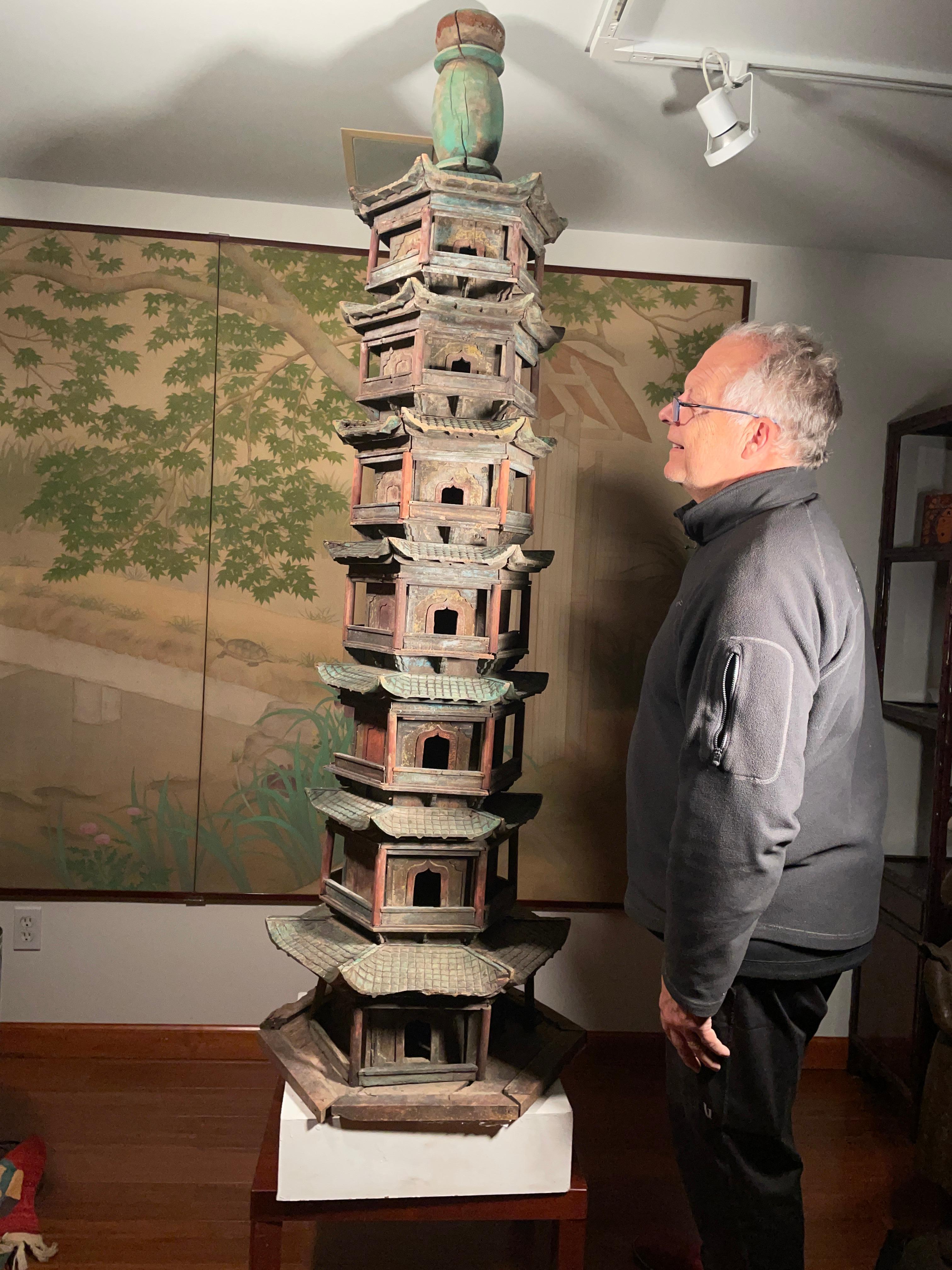 China antique monumental Wooden Pagoda, total height is 70 inches, hand carved and hand painted wood, seven hexagonal sections plus finial, late Qing dynasty (1644-1911)

This is a monumental work of art seldom seen in the west. Pagodas evolved from