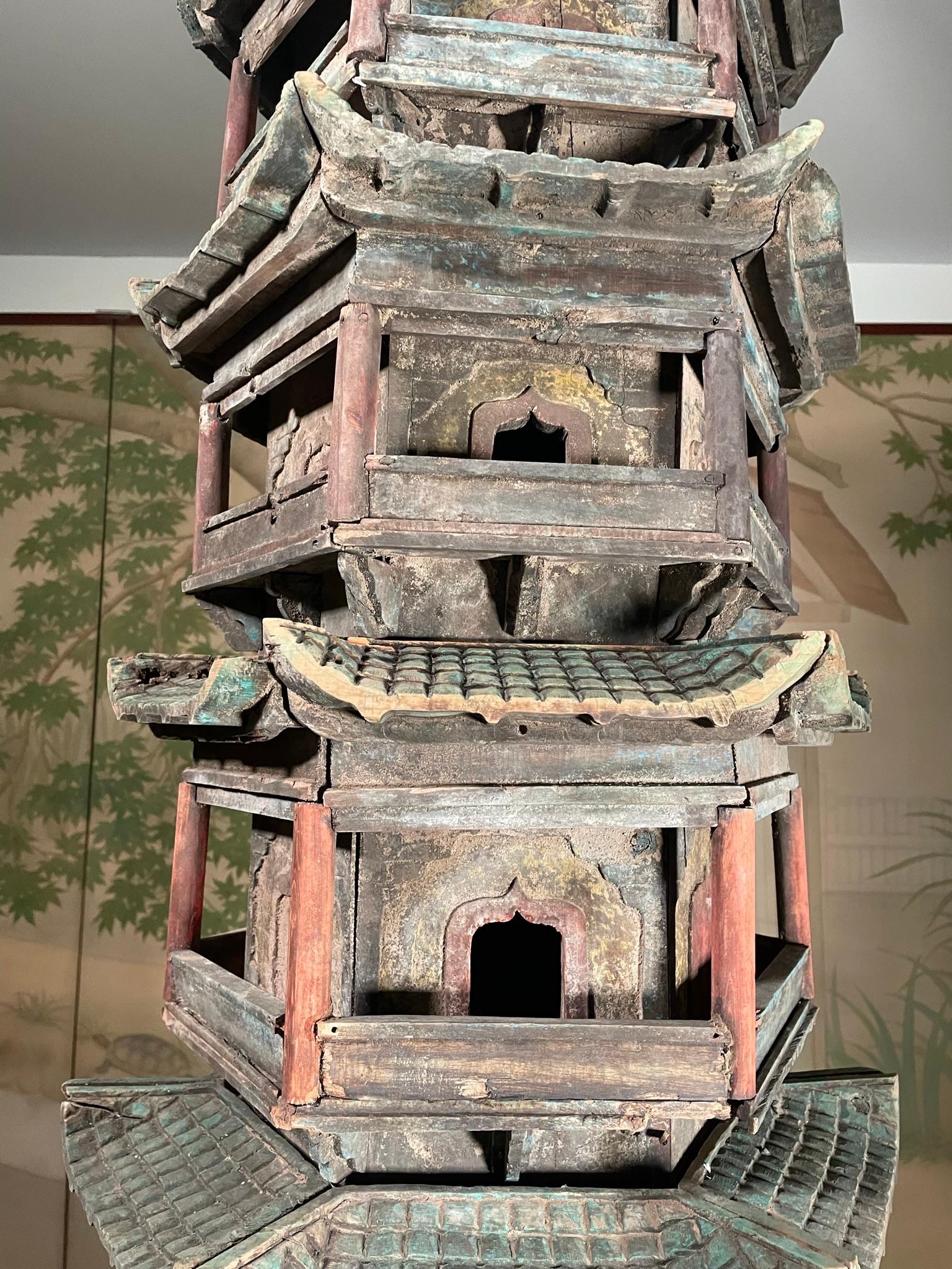 Hand-Carved Chinese Antique Monumental Buddhist Wooden Pagoda Tower, 70 Inches  For Sale