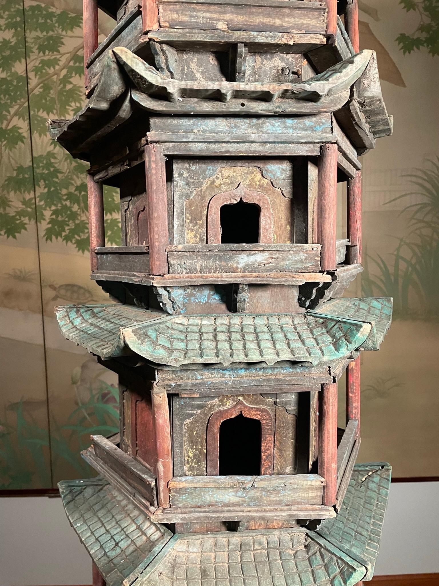 20th Century Chinese Antique Monumental Buddhist Wooden Pagoda Tower, 70 Inches  For Sale
