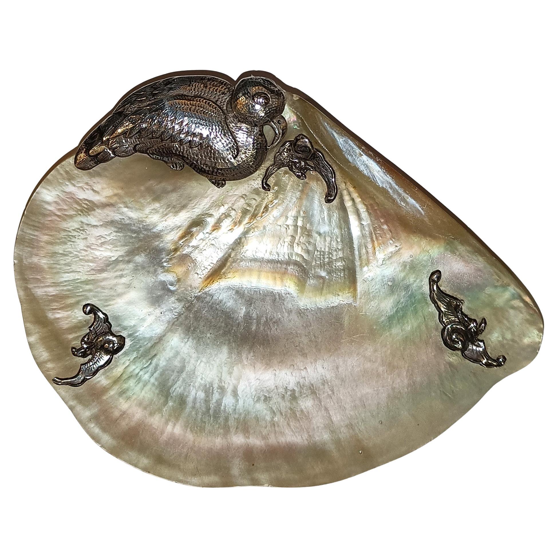 Chinese Antique mother of Pearl shell silver caviar dish Asian arts