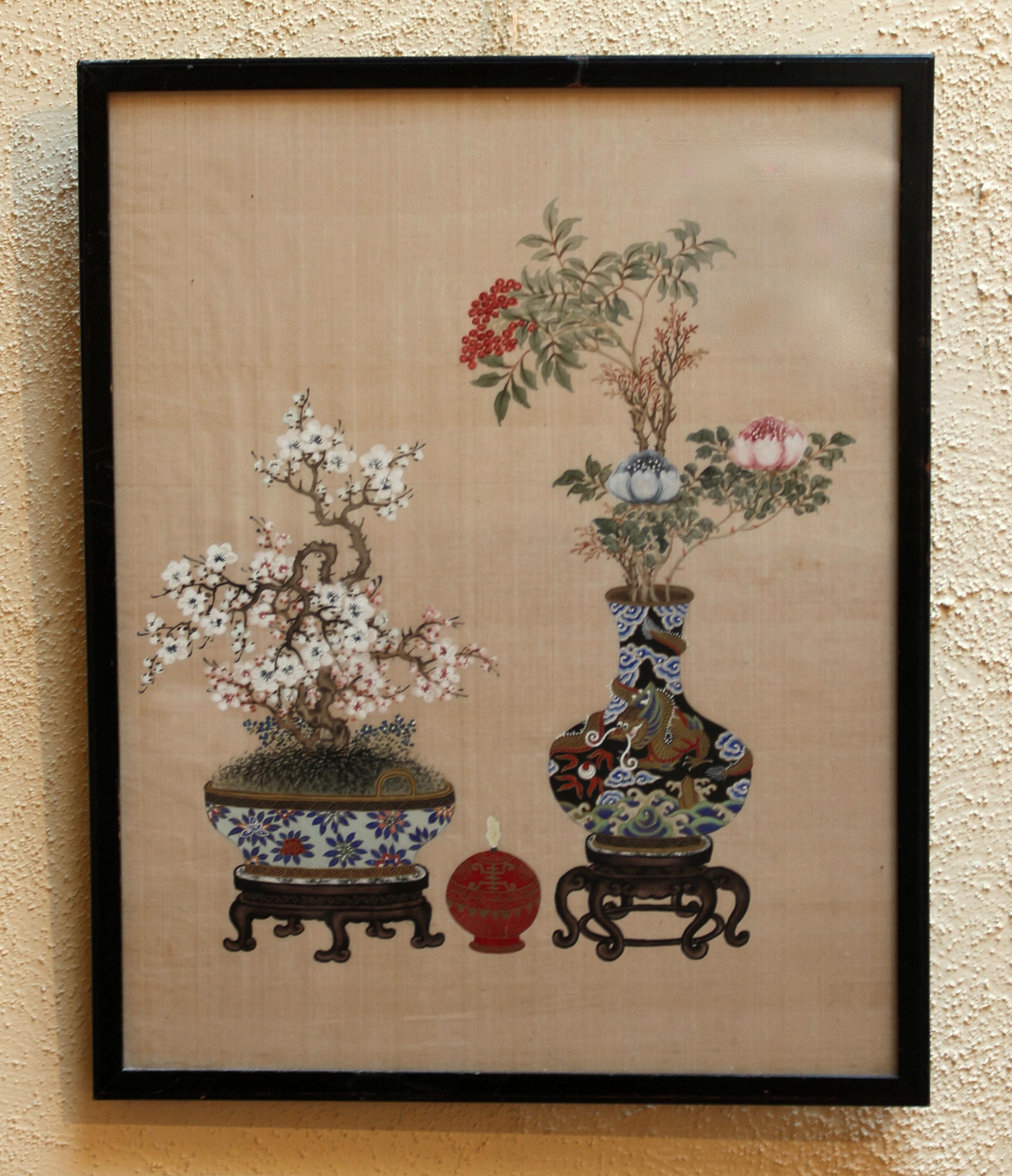 Elegant antique Chinese painting on silk, featuring a bowl with prunus bonsai tree and a vase of entwined dragons with Spring branches. Needing re-framing. 15 3/4