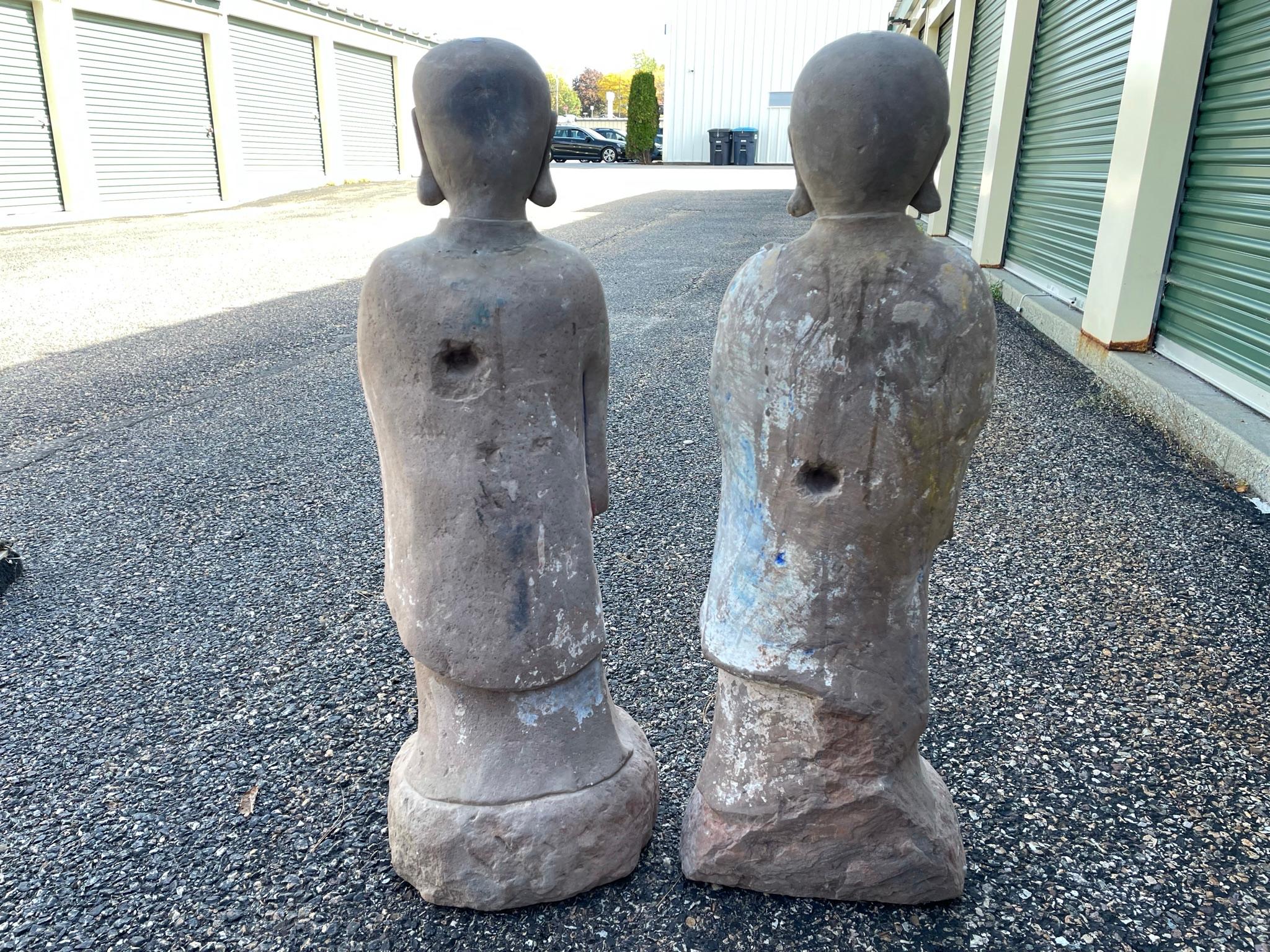 Chinese Antique Pair Hand-Carved Stone Figures of Buddhas Attendants 4