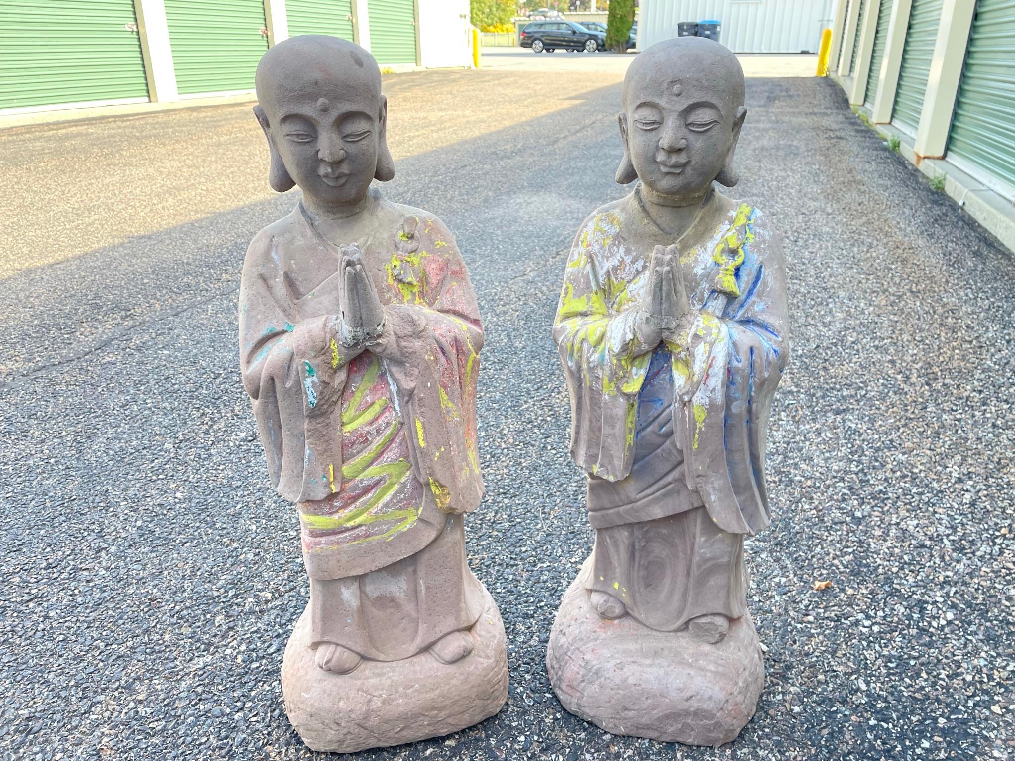 China, an authentic antique matching pair (2) hand-carved and hand-painted limestone temple figures of the venerable lohans, Kasyapa and Ananda.

These beautiful Buddhist sculptures will bring serenity and timeless style to your home, office,
