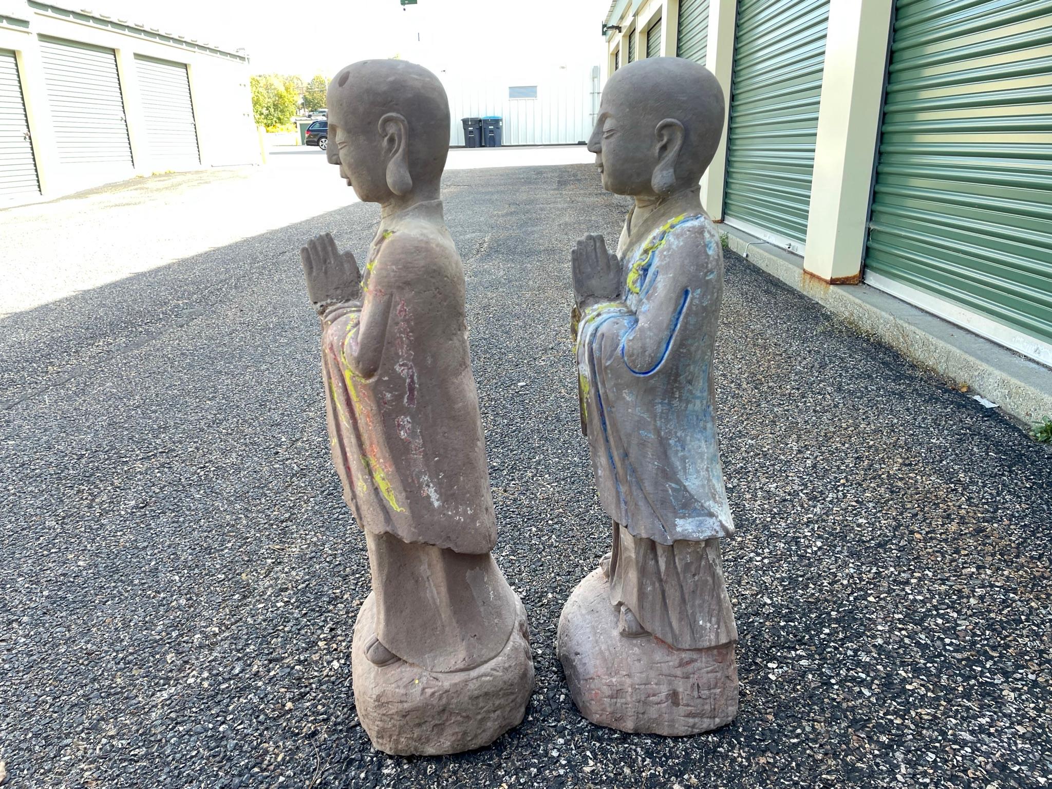 Qing Chinese Antique Pair Hand-Carved Stone Figures of Buddhas Attendants