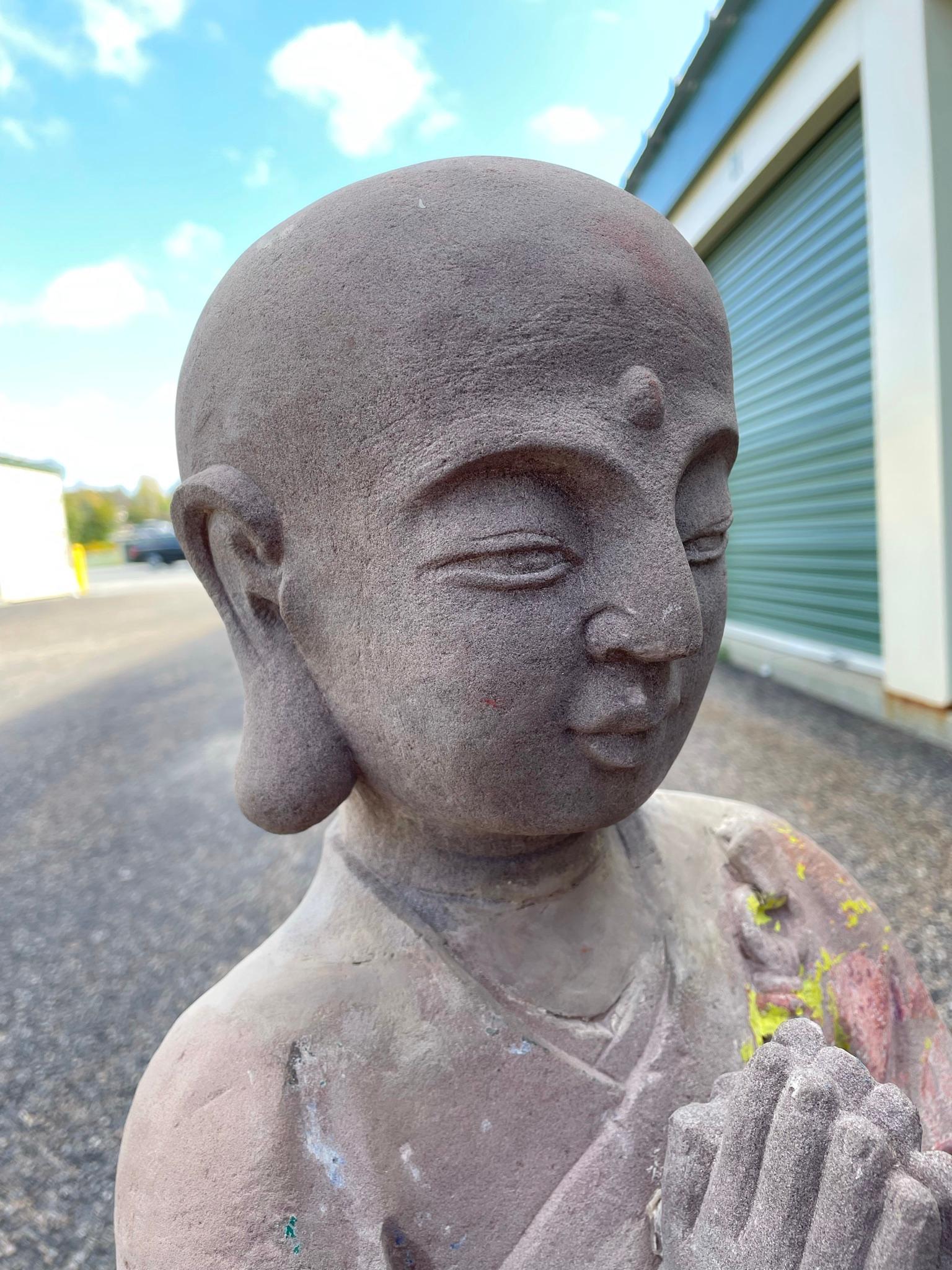Chinese Antique Pair Hand-Carved Stone Figures of Buddhas Attendants In Good Condition In South Burlington, VT