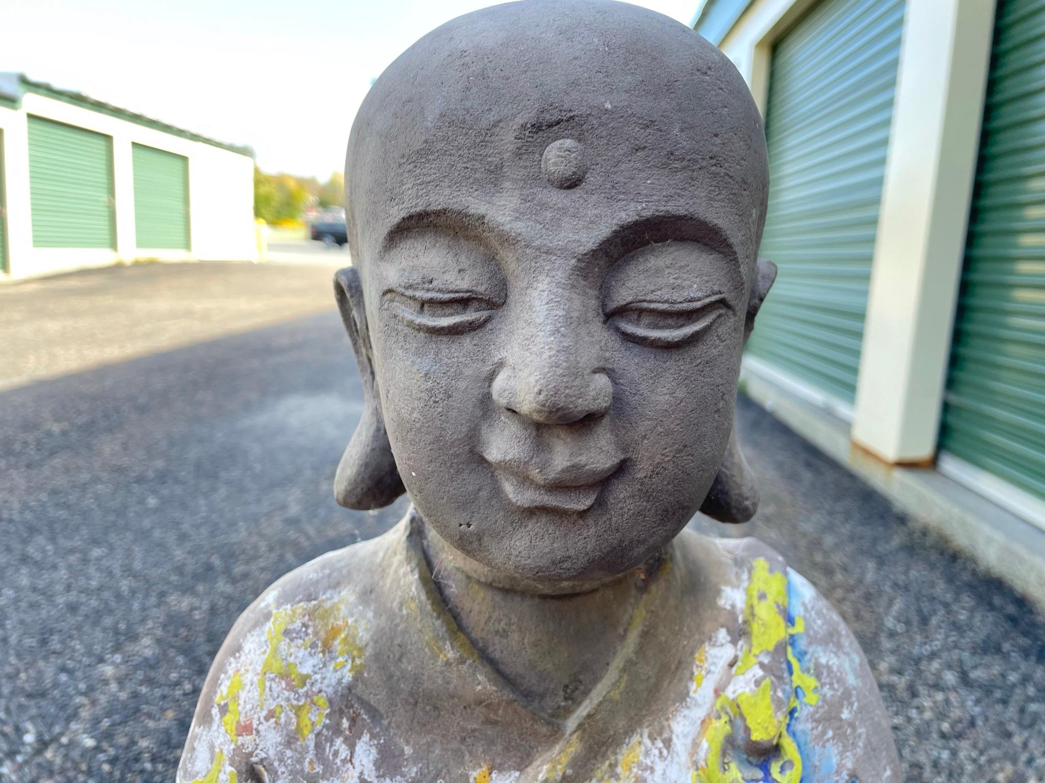 20th Century Chinese Antique Pair Hand-Carved Stone Figures of Buddhas Attendants