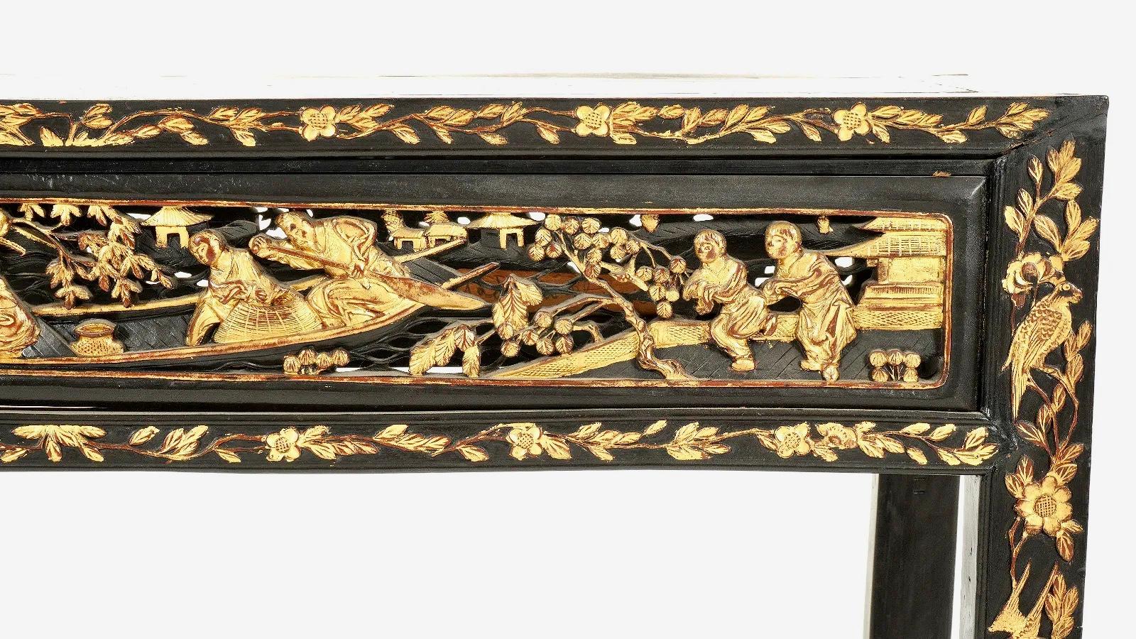 Chinese Export Chinese Antique Parcel-Gilt Black Altar Console Table For Sale