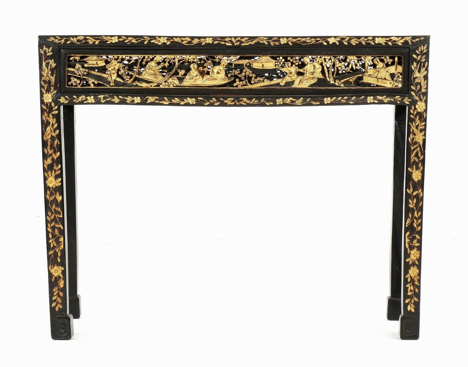 20th Century Chinese Antique Parcel-Gilt Black Altar Console Table For Sale