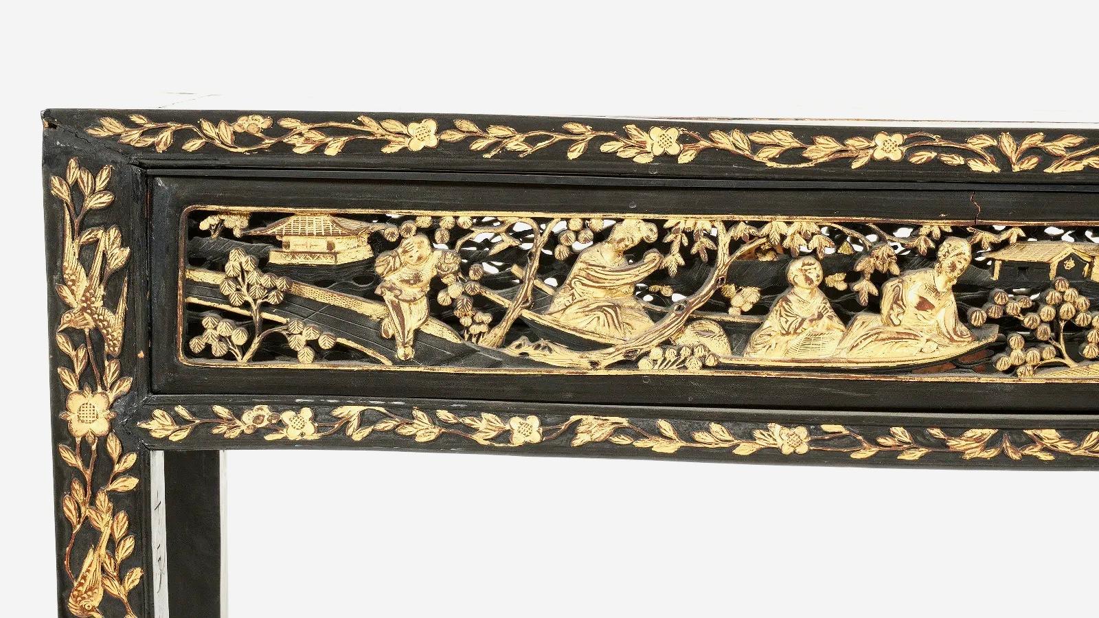 Wood Chinese Antique Parcel-Gilt Black Altar Console Table For Sale