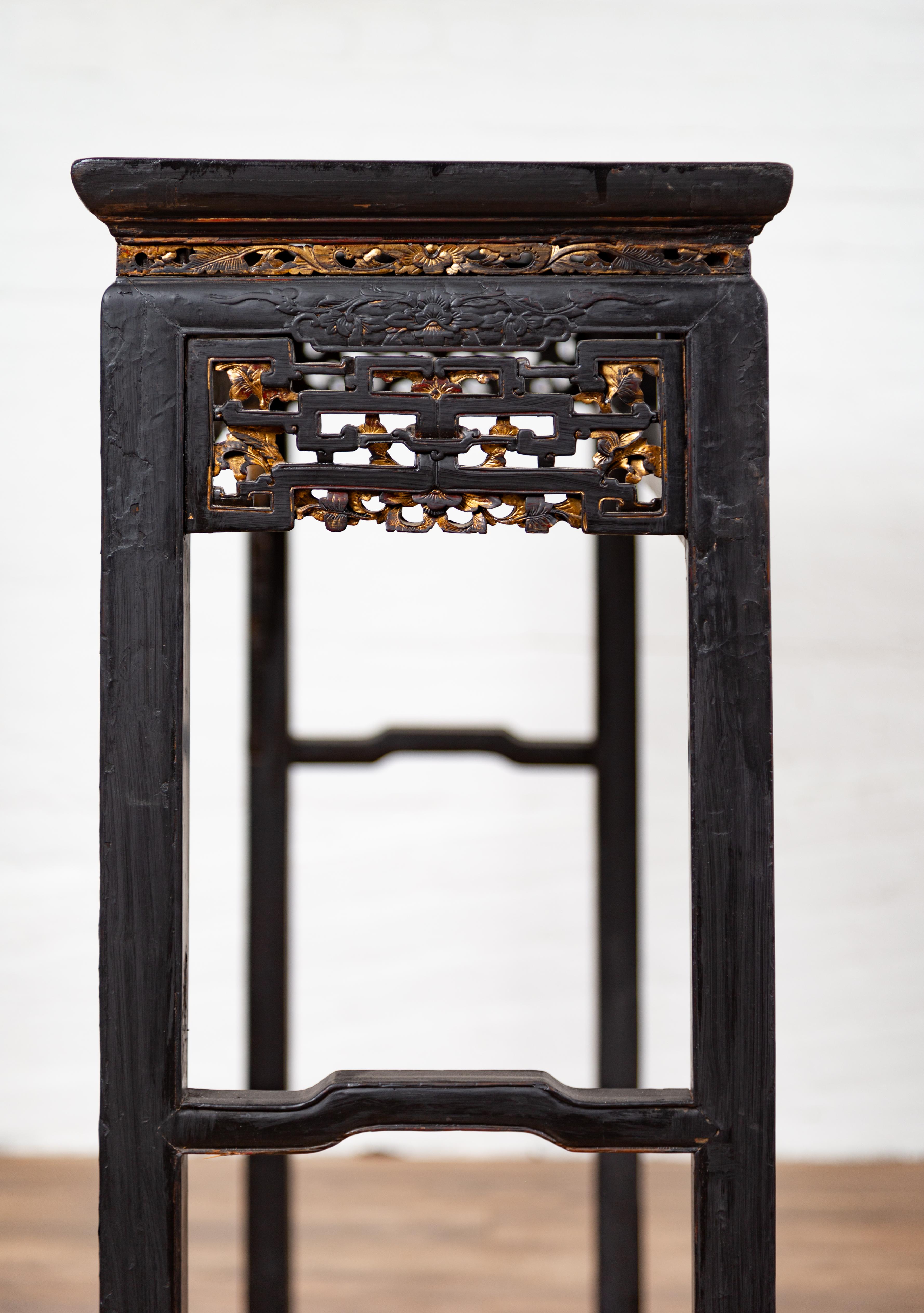 Chinese Antique Parcel-Gilt Black Altar Console Table with Carved Floral Décor 4