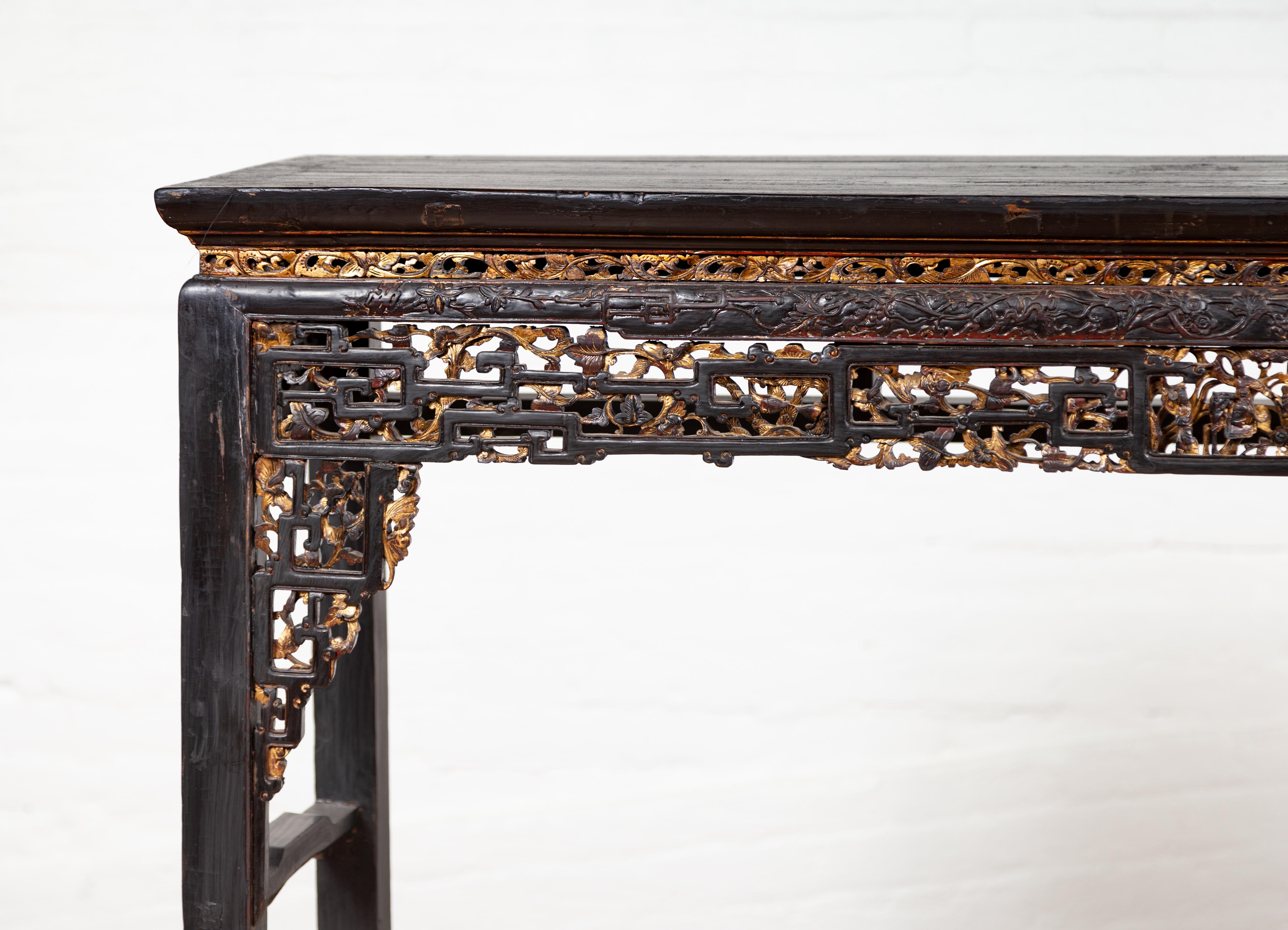 Chinese Antique Parcel-Gilt Black Altar Console Table with Carved Floral Décor 8