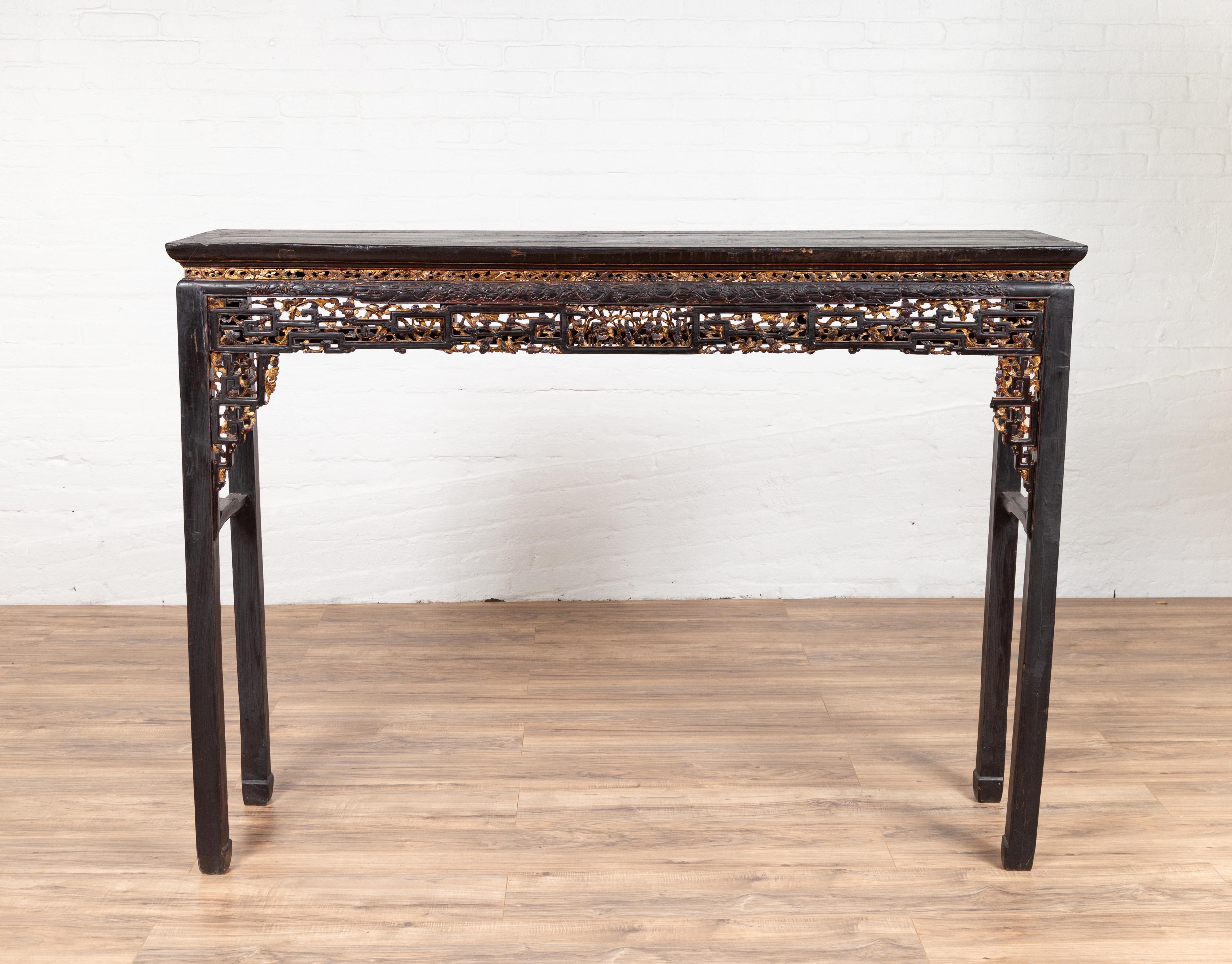 Chinese Antique Parcel-Gilt Black Altar Console Table with Carved Floral Décor 9