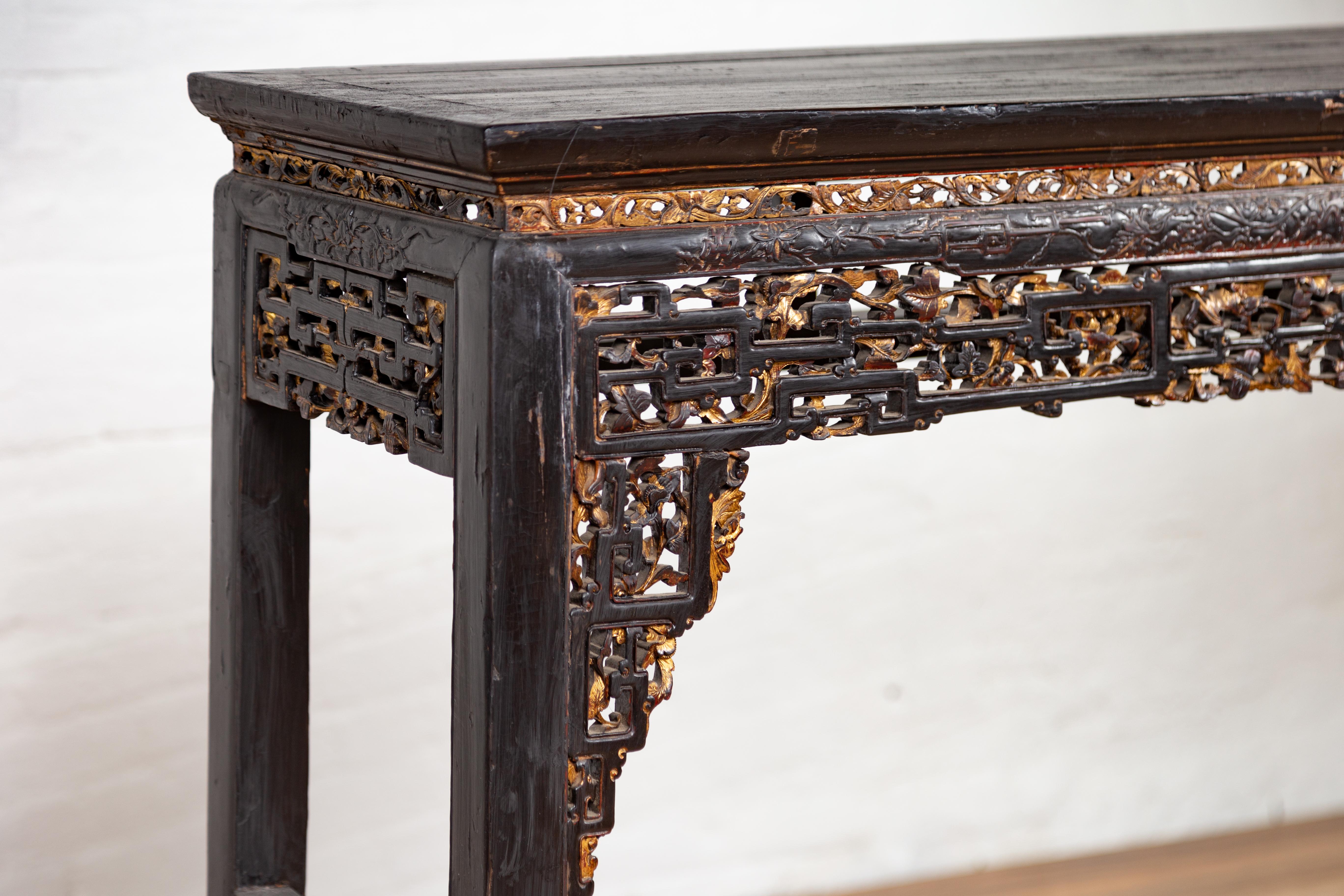 19th Century Chinese Antique Parcel-Gilt Black Altar Console Table with Carved Floral Décor