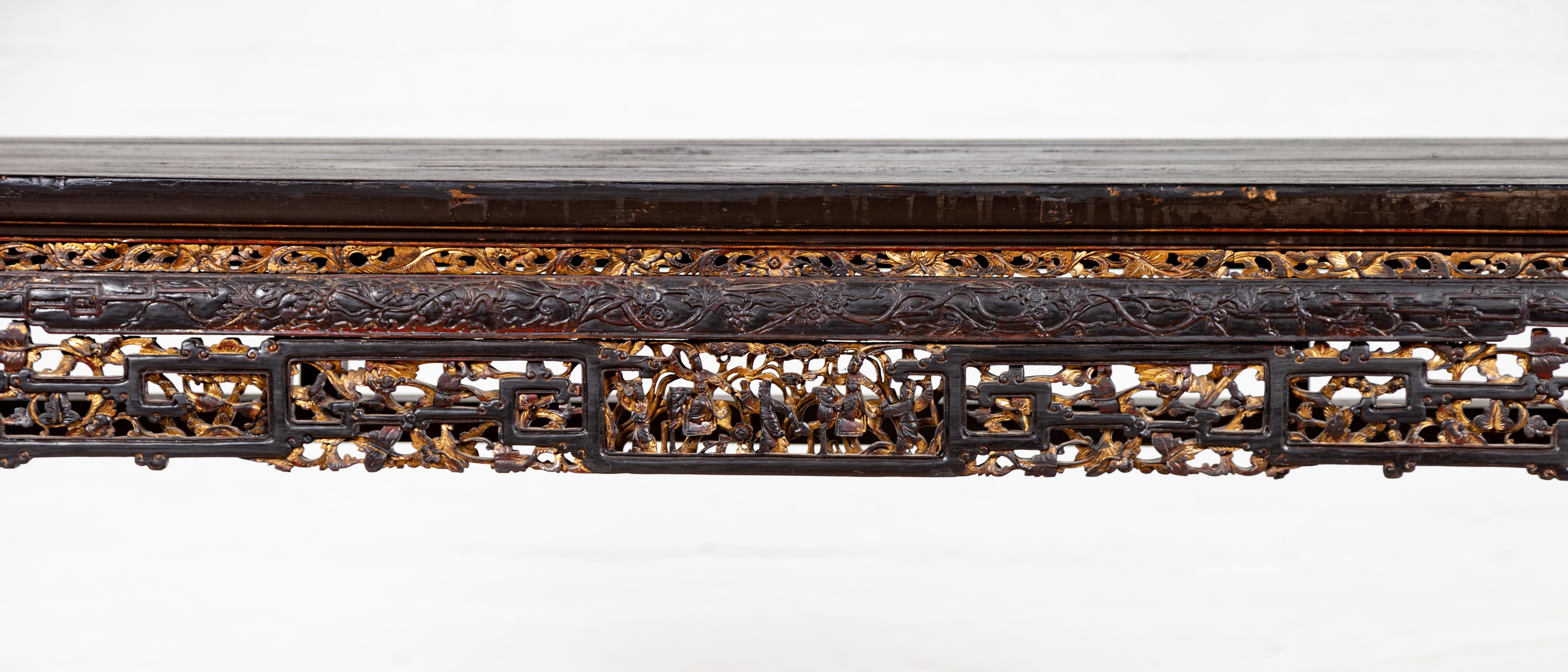 Wood Chinese Antique Parcel-Gilt Black Altar Console Table with Carved Floral Décor