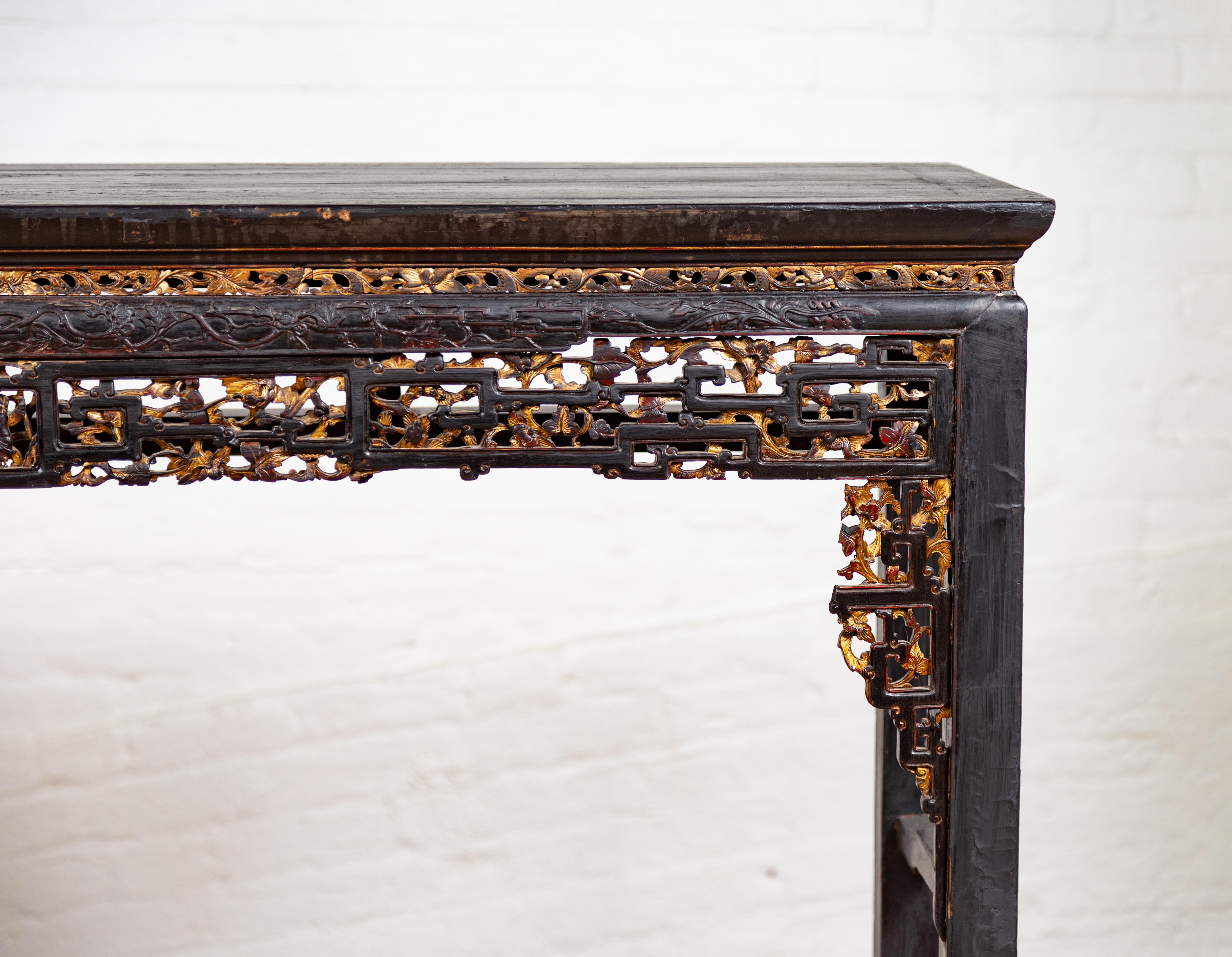 Chinese Antique Parcel-Gilt Black Altar Console Table with Carved Floral Décor 1