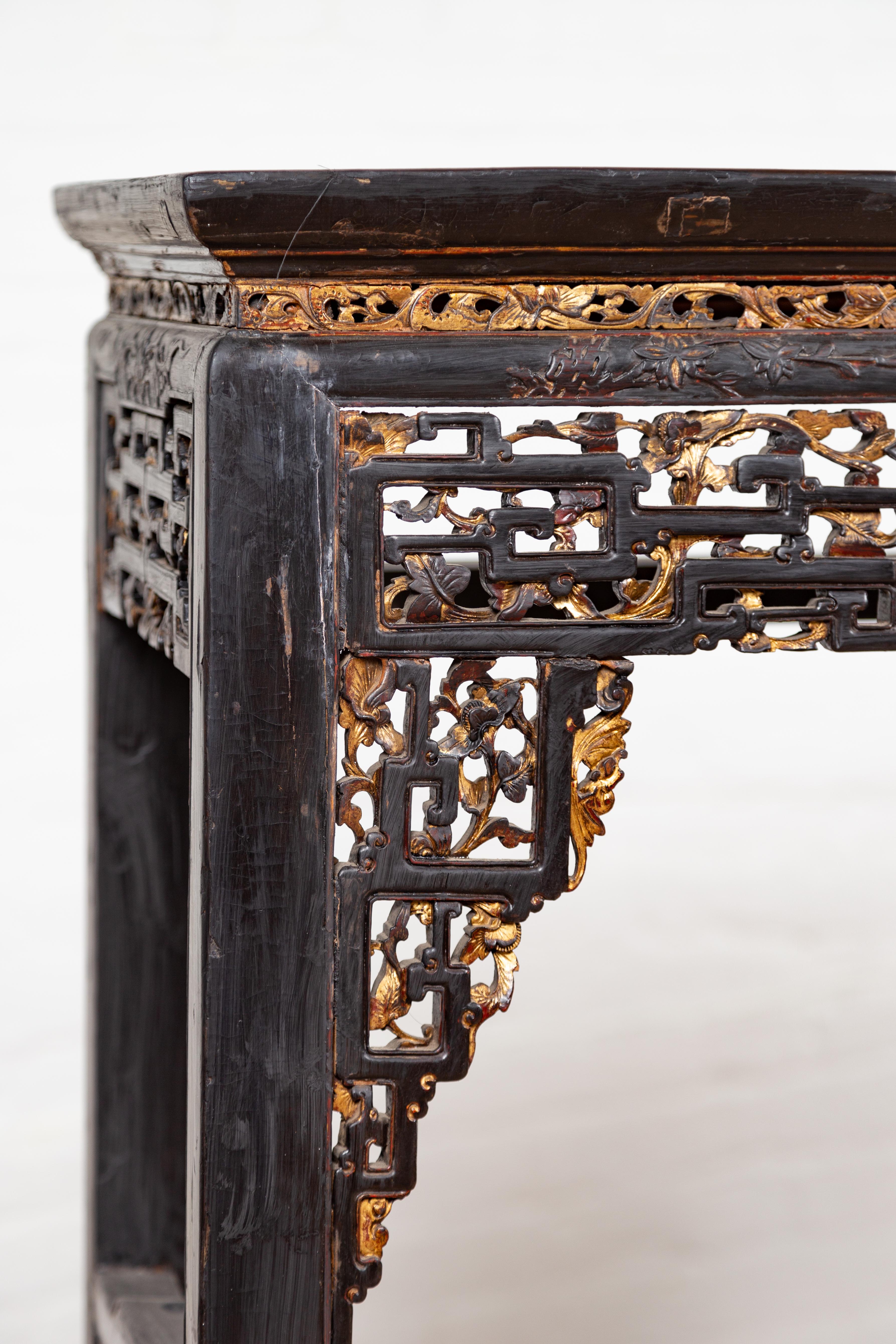 Chinese Antique Parcel-Gilt Black Altar Console Table with Carved Floral Décor 2