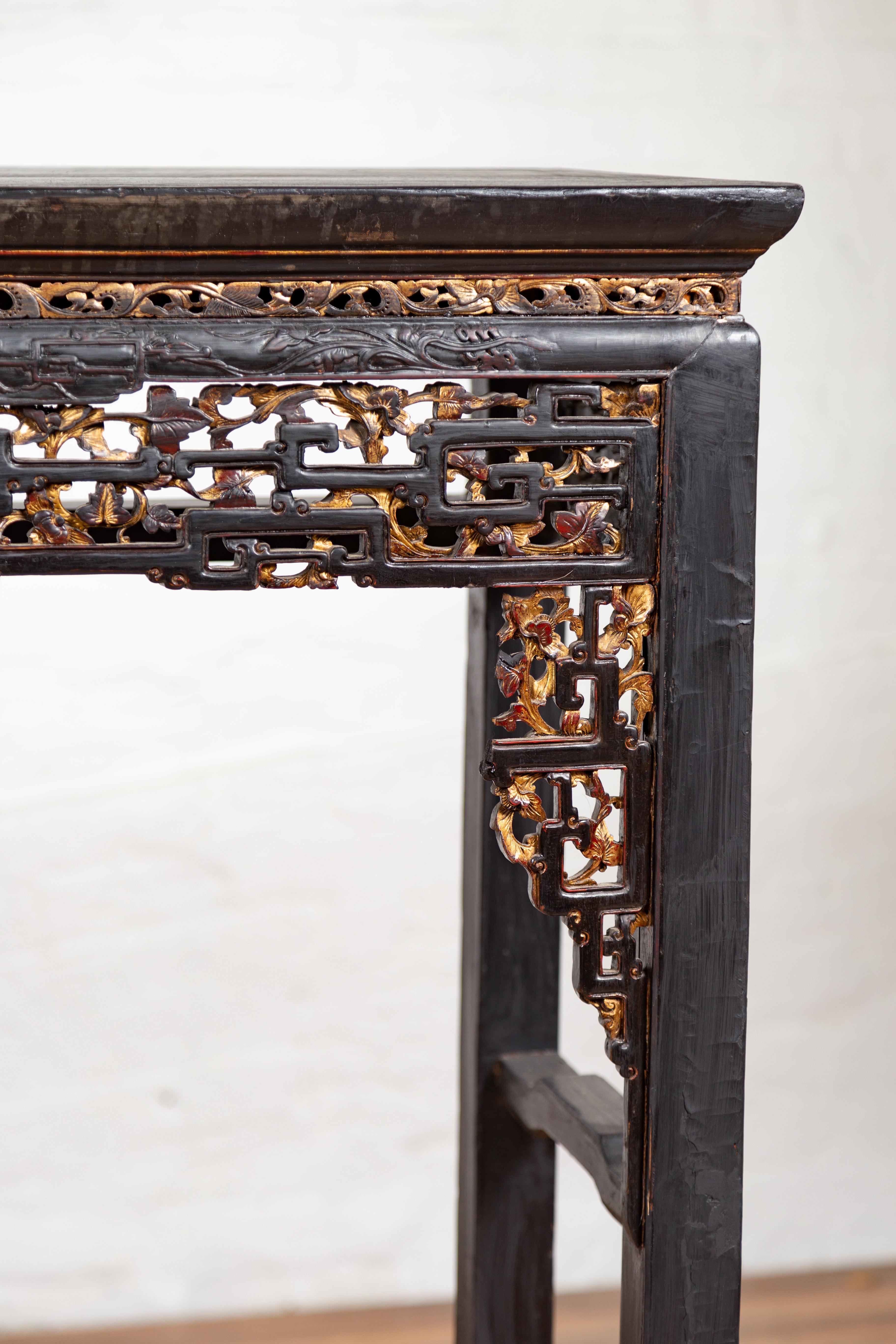 Chinese Antique Parcel-Gilt Black Altar Console Table with Carved Floral Décor 3