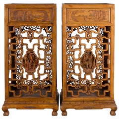 Chinese Antique Pedestal with Openwork Motifs and Hand Carved Court Scenes